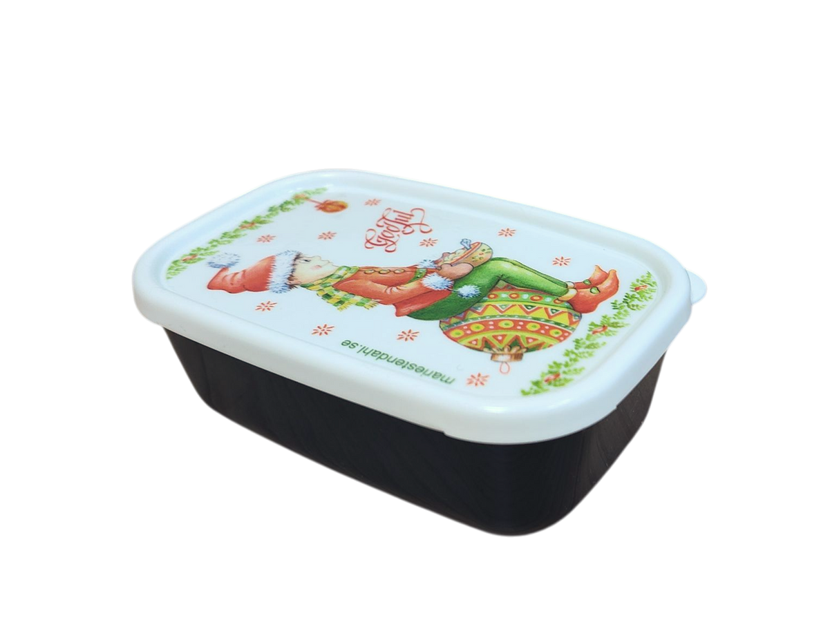 The Mini Christmas Box Container with Marie Stendahl Designs features a rectangular plastic shape, white lid, and festive elf illustration with "Joy!"—ideal for adding Swedish holiday flair to your décor.