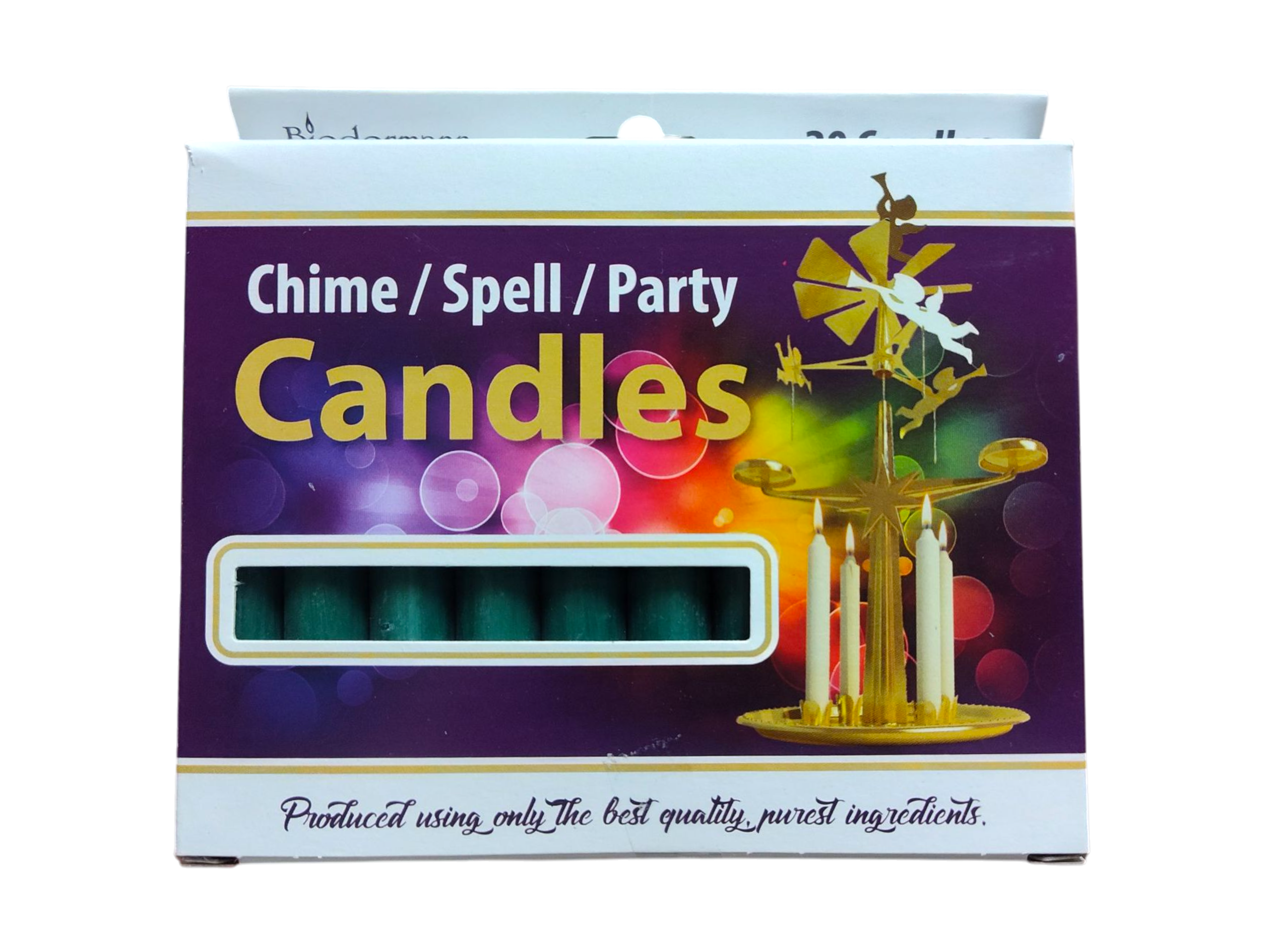 A box labeled "Candles: Pine Green Chime Candles .5" (20 Pack)" shows pine green candles through a window, with a gold European chime candle holder carousel pictured on the right.