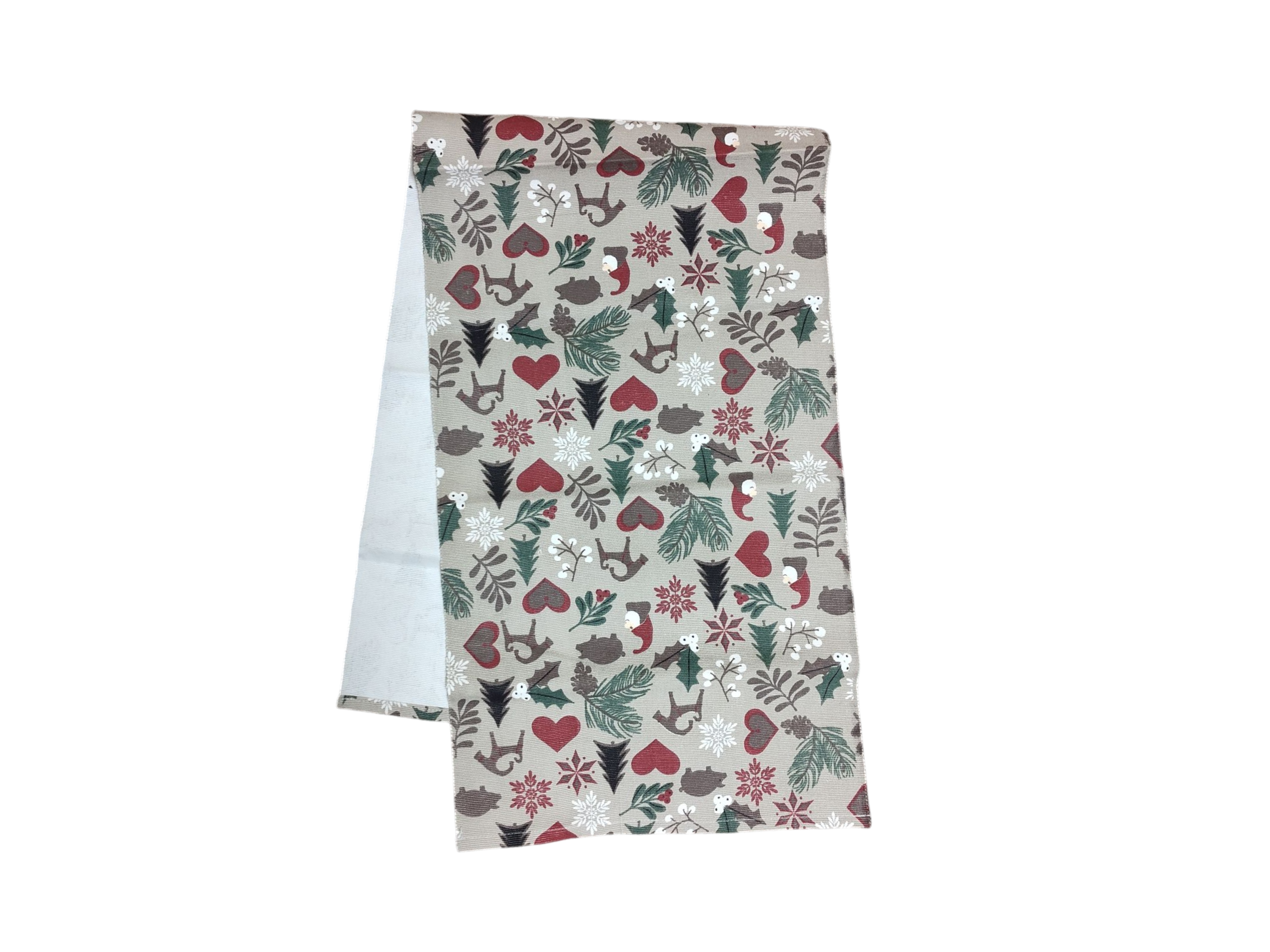 The Julius Gnome and Julbock Table Runner (Beige) features hearts, leaves, flowers, animals—including Julbock—in red, green, brown, and white on beige fabric for charming Scandinavian Christmas décor.