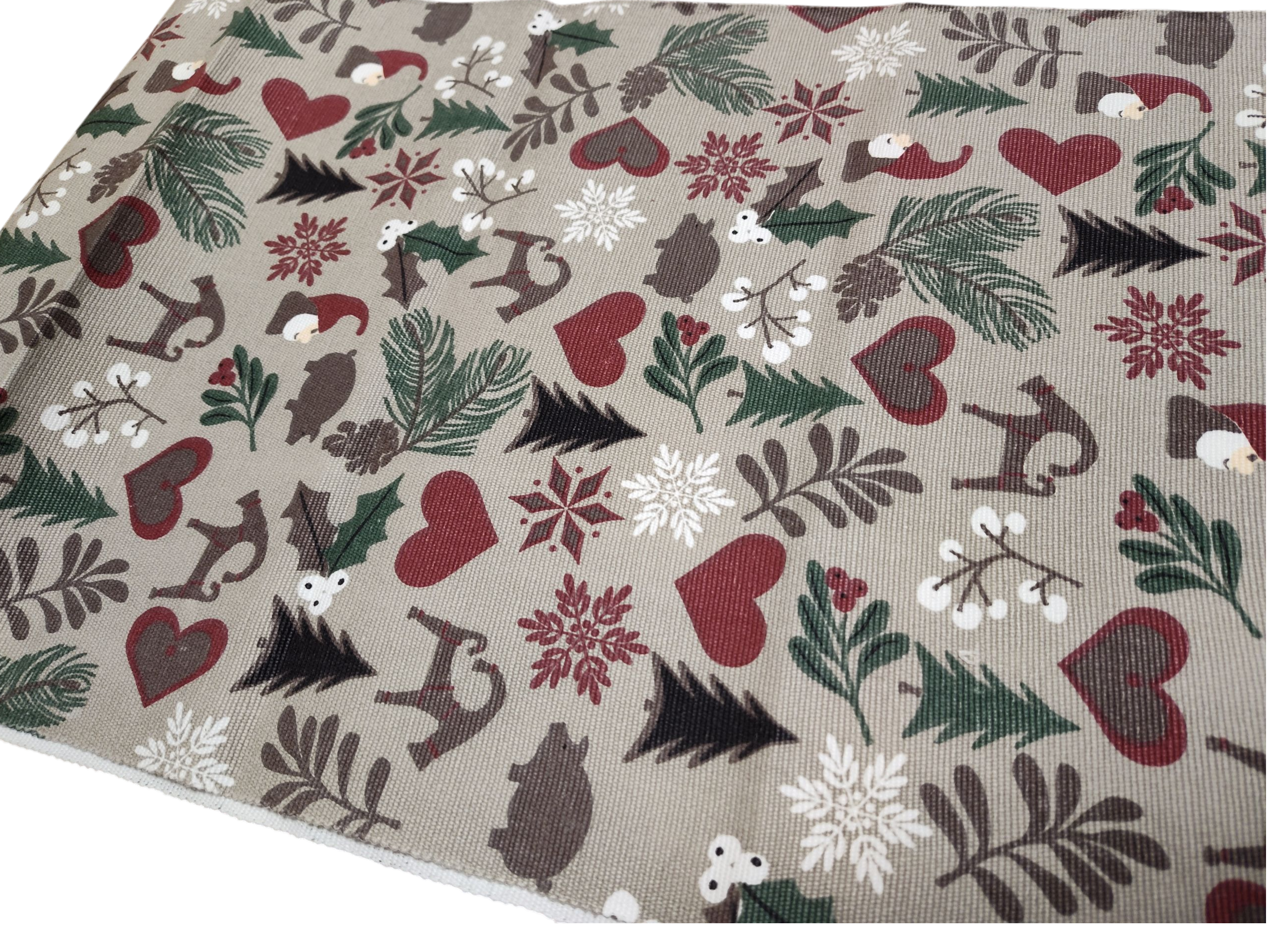 The Julius Gnome and Julbock Table Runner (Beige) features red hearts, snowflakes, and festive forest motifs—ideal for Swedish Christmas table settings or Scandinavian holiday décor.