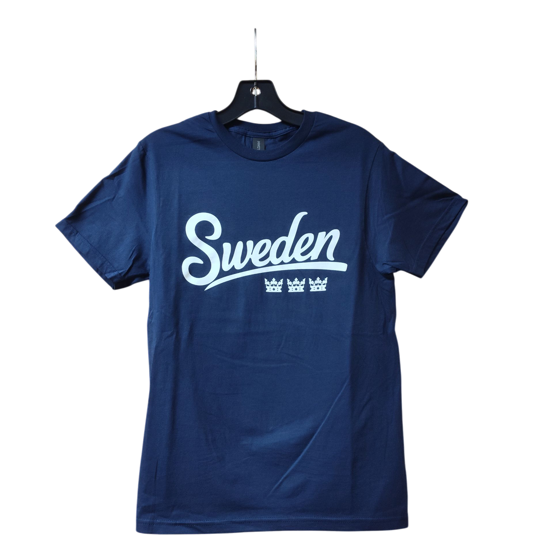 The Tee: "Sweden" T-Shirt - Navy features white "Sweden" text and three crown symbols on the front, made of cotton and displayed on a hanger—a classic Scandinavian graphic tee.