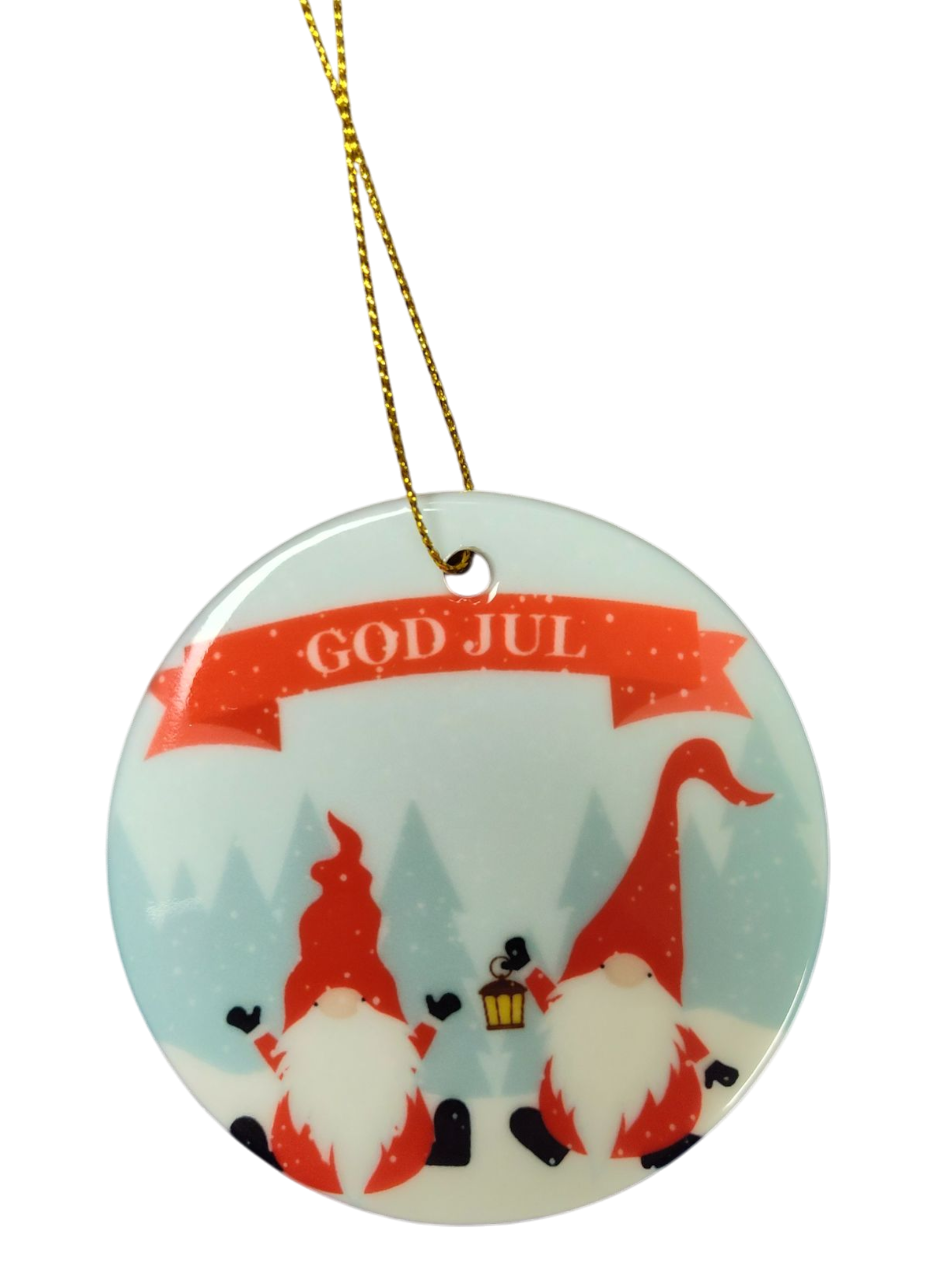 The Ornament: GOD JUL Tomte - Nisse - Gnomes in the Snow features two cartoon gnomes in red hats, pine trees, a red “GOD JUL” banner, and includes a gold hanging string—perfect for adding Scandinavian Christmas charm.