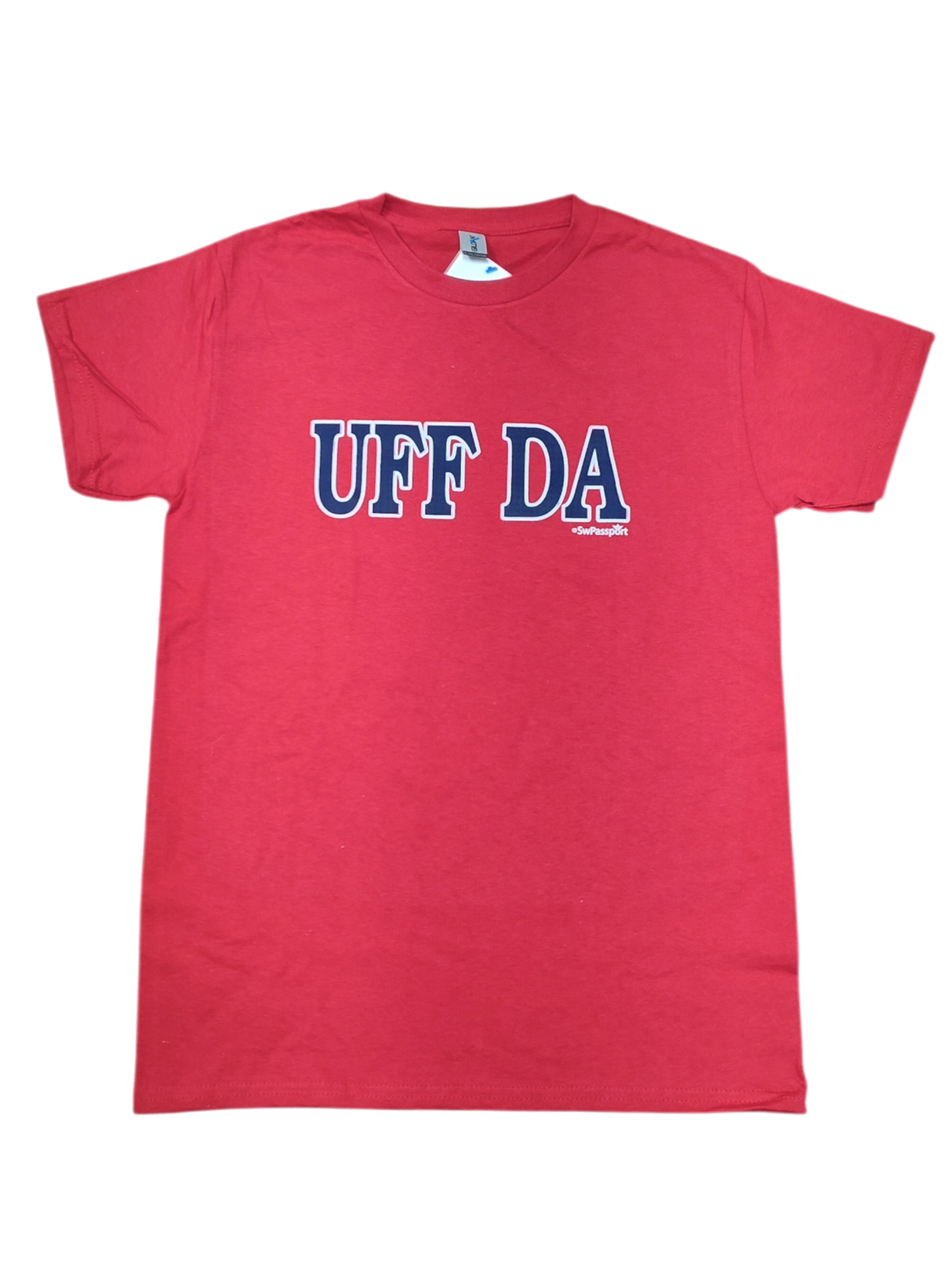 The Tee: Uff Da Short Sleeve Shirt (Red) features the Scandinavian expression "UFF DA" printed in bold white and navy letters on the front.