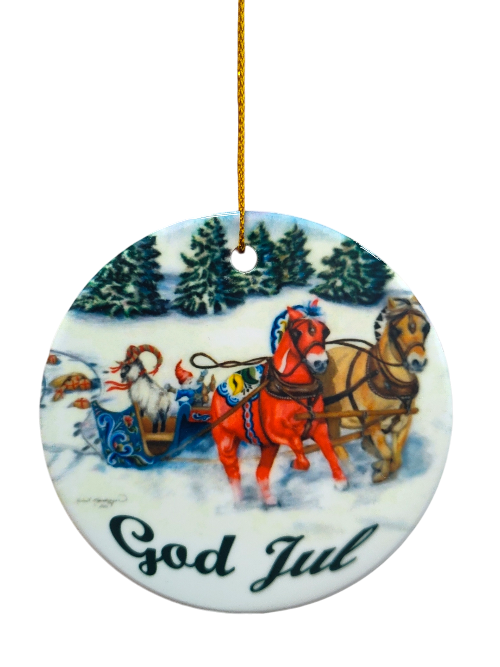 Ornament: Dala Horse and Norwegian Fjord Ceramic Ornament with an illustration of Norwegian Fjord horses pulling a sleigh in snowy pines, plus "God Jul" text at the bottom.