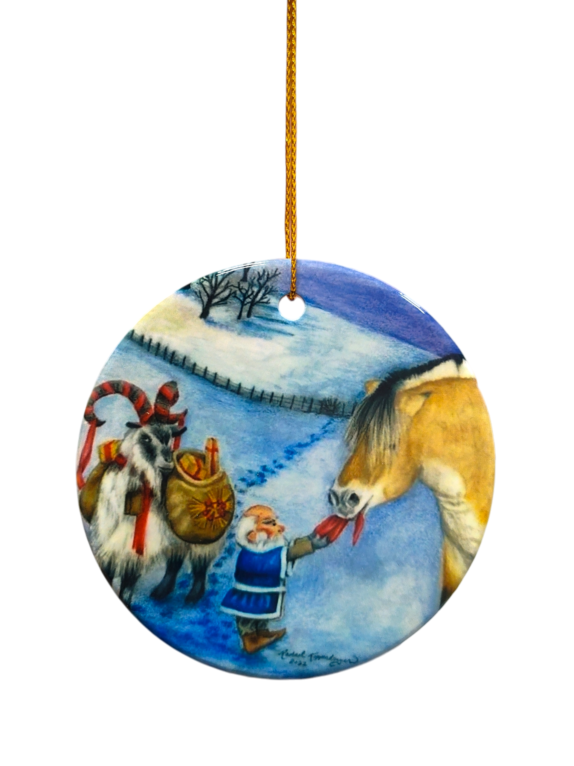 The Ornament: Tomte and Yule Goat Ceramic Ornament features a Tomte feeding a brown horse, while two Yule Goats with baskets stand nearby in a snowy winter scene.