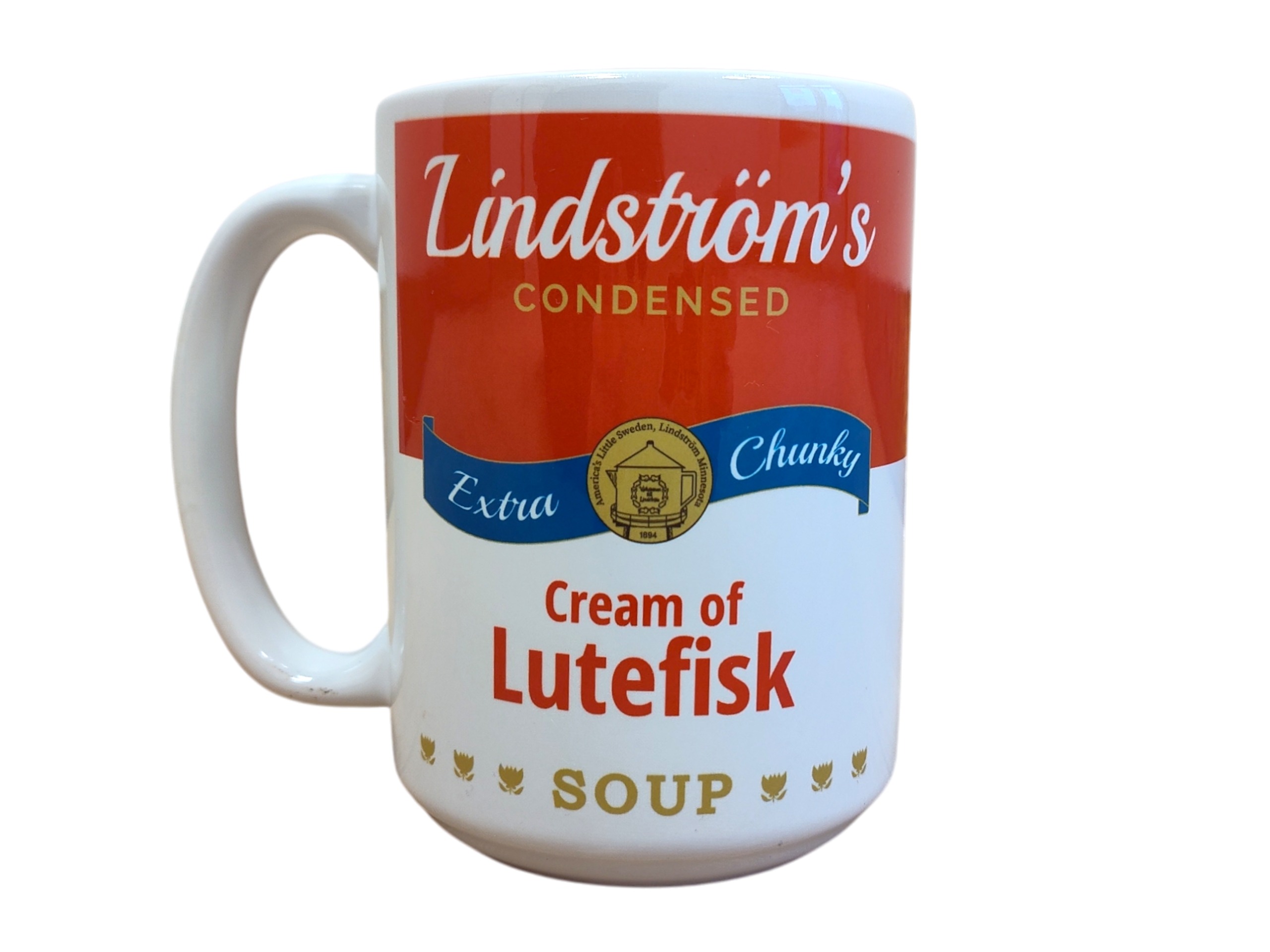 Celebrate Nordic heritage with this quirky 13oz ceramic mug designed like a soup can label—Lindstrom's Cream of Lutefisk. Makes a fun, Scandinavian-inspired gift for lutefisk lovers!.