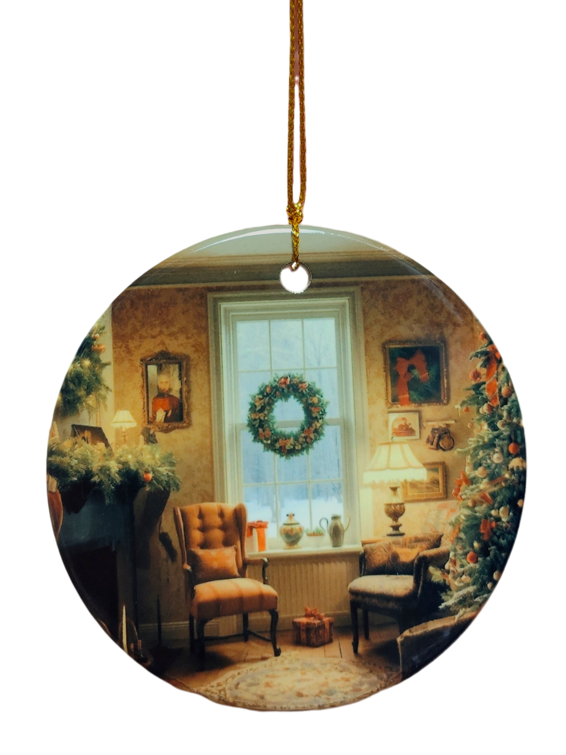 The Ornament: Christmas Sitting Room Ceramic Ornament features a cozy living room with a wreath, lit tree, and festive decor—perfect for adding traditional holiday charm to your Christmas decorations.