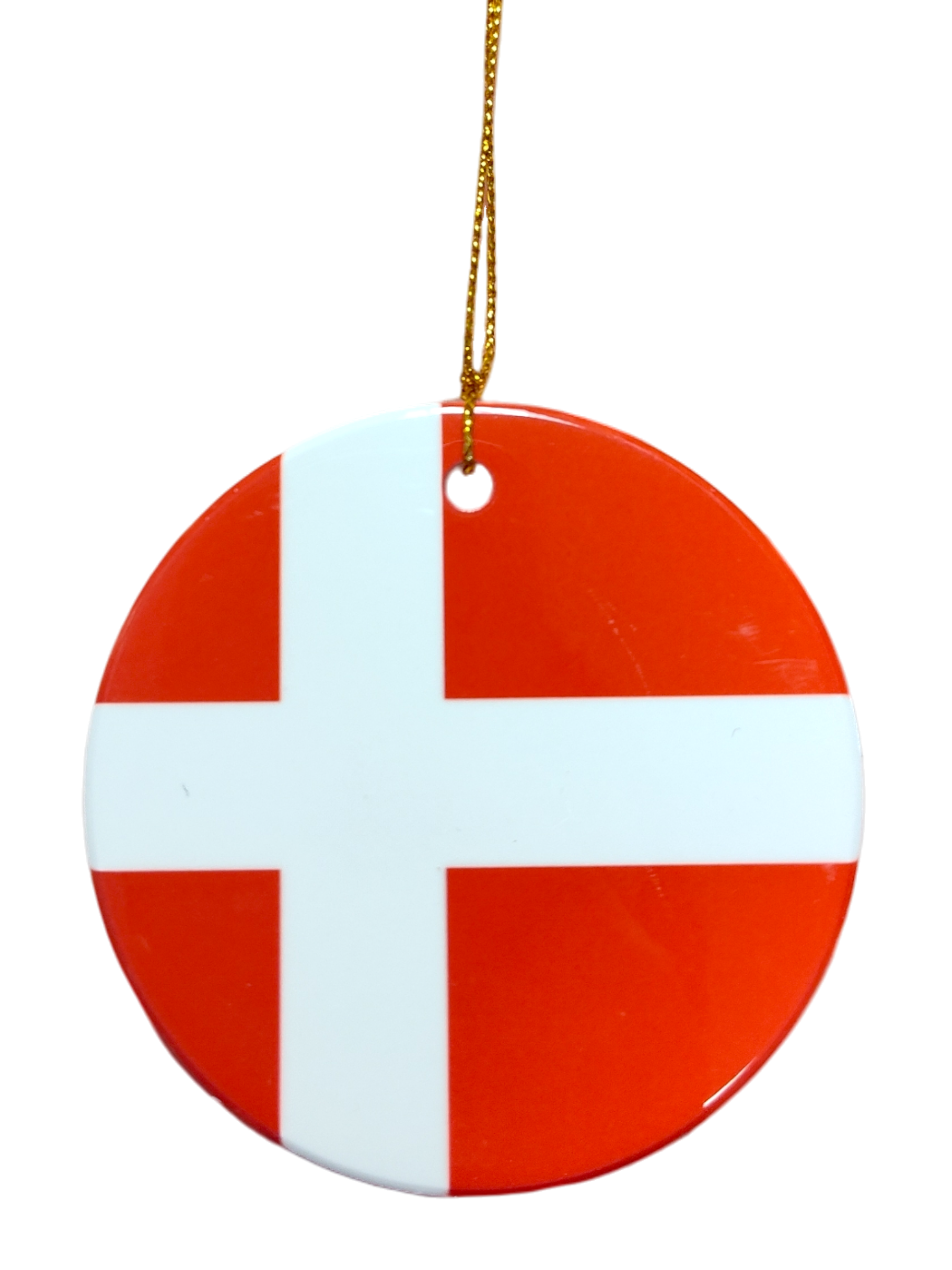 The Ornament: Denmark Flag Ceramic Ornament features the iconic red and white Danish cross and hangs by a gold string—an ideal tribute to Danish heritage.
