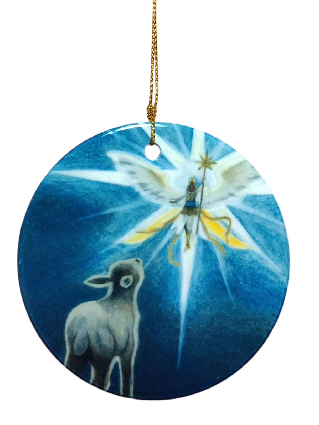 The Ornament: Shepherd and Angel Ceramic Ornament features an angel with a star above a lamb, evoking a classic nativity scene. Made of ceramic, it comes with a golden string for easy hanging.