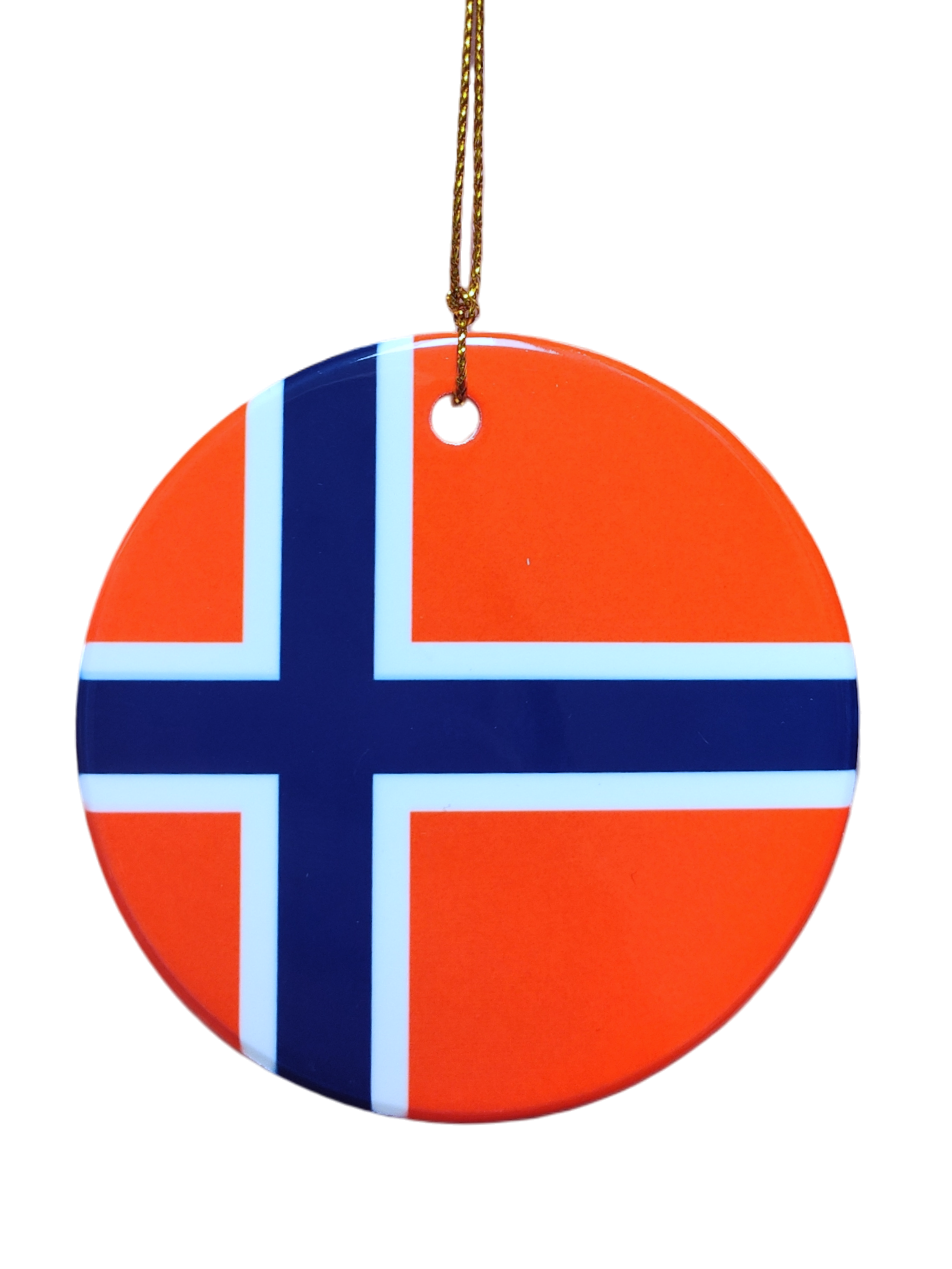 The Ornament: Iceland Flag Ceramic Ornament is a round ceramic ornament displaying the Icelandic flag, with a blue cross outlined in white on a red background, hanging from a gold string—perfect for celebrating Icelandic heritage.