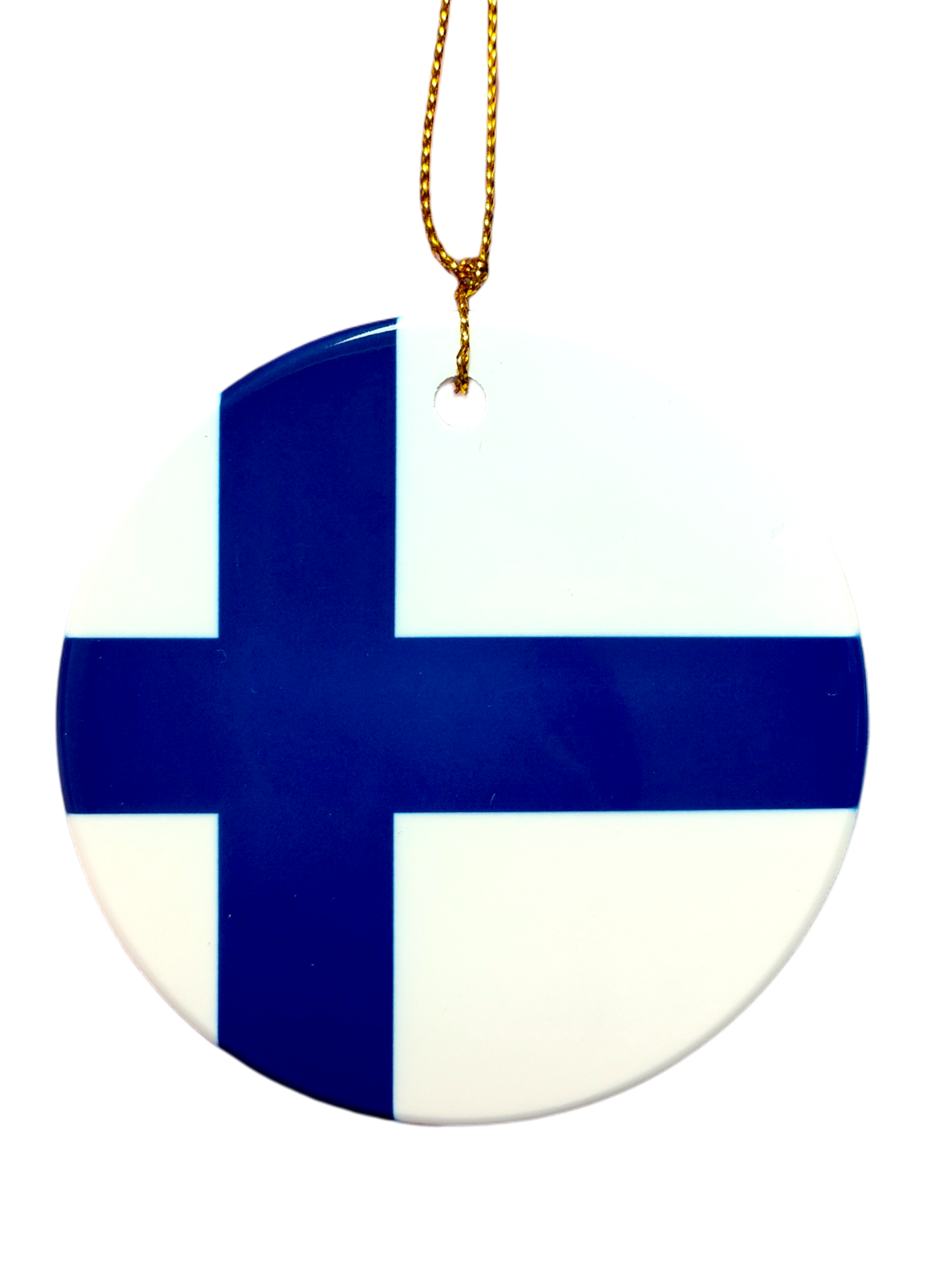 The Ornament: Finland Flag Ceramic Ornament features a blue Nordic cross on white and hangs by a gold string—an ideal tribute to Finnish heritage.