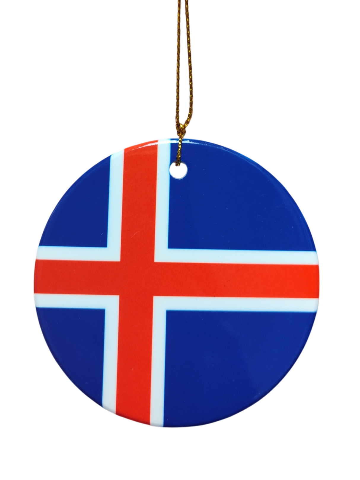 The Ornament: Iceland Flag Ceramic Ornament showcases the red and white cross on blue, symbolizing Iceland’s heritage. Crafted in ceramic, it hangs by a gold string—perfect for celebrating Icelandic pride.