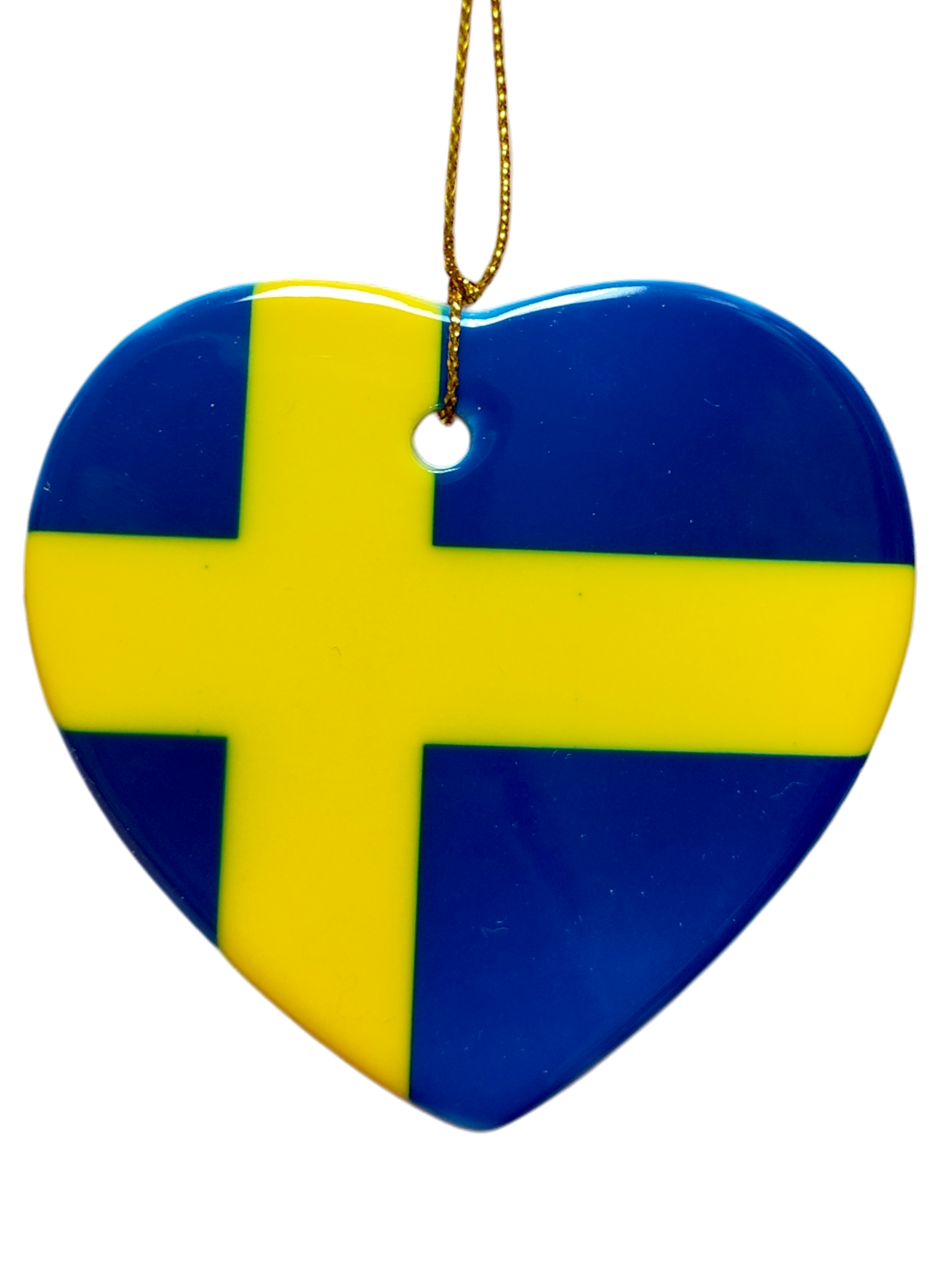Ornament: Sweden Flag Ceramic Heart Shaped Ornament—features a yellow cross on blue and comes with a gold hanging string, adding a perfect touch of Swedish heritage.