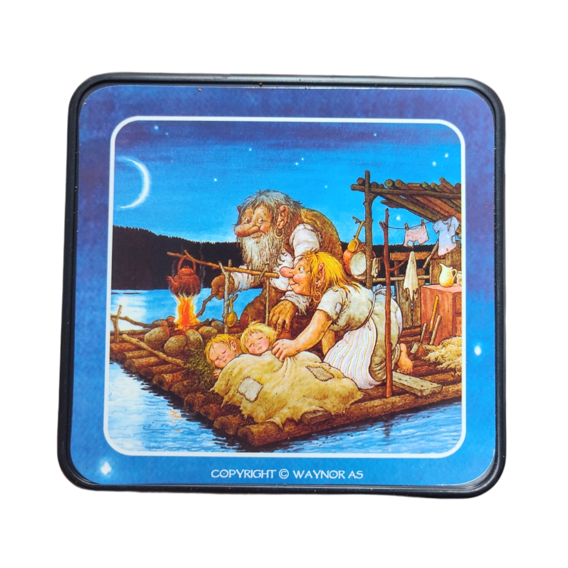 Charming Scandinavian folklore inspired: Coasters—Troll Norway Rolf Lidberg Collection (4-Pack) feature a troll family camping on a wooden raft at night, with kids sleeping under blankets and a campfire by the water. Perfect for unique folklore gifts!.
