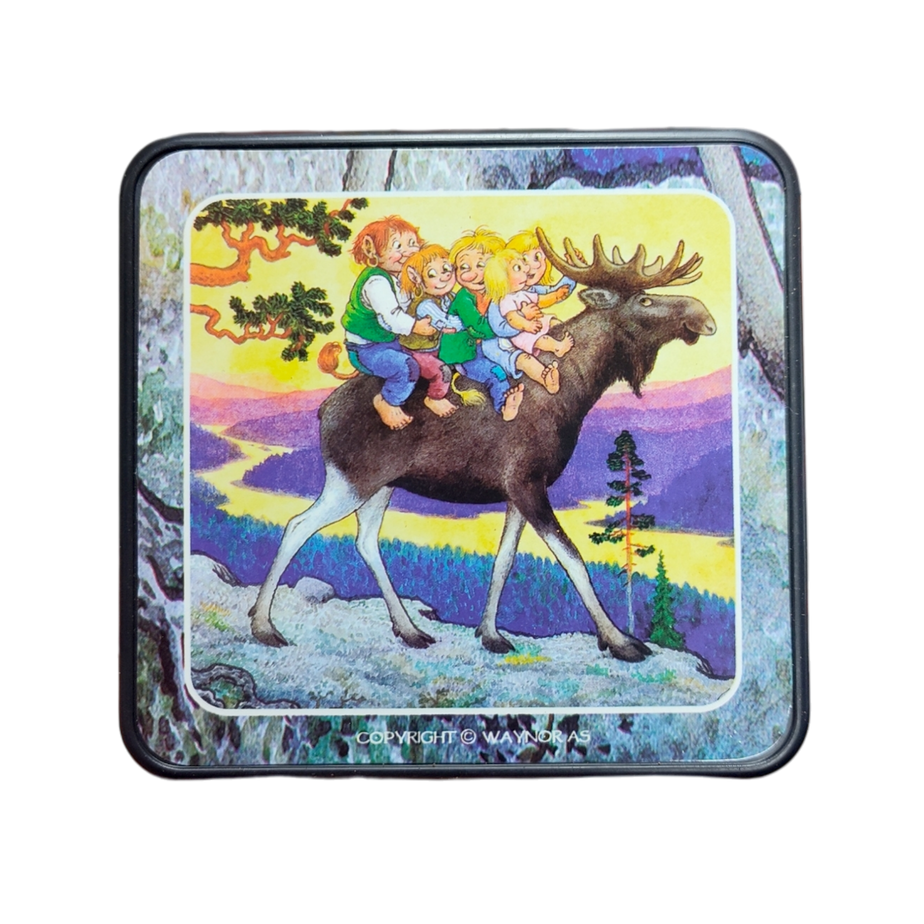 This 4-pack of Troll Norway Rolf Lidberg Collection coasters features charming Scandinavian artwork of four children and a gnome riding a moose through a vibrant forest—perfect as a unique Nordic gift.
