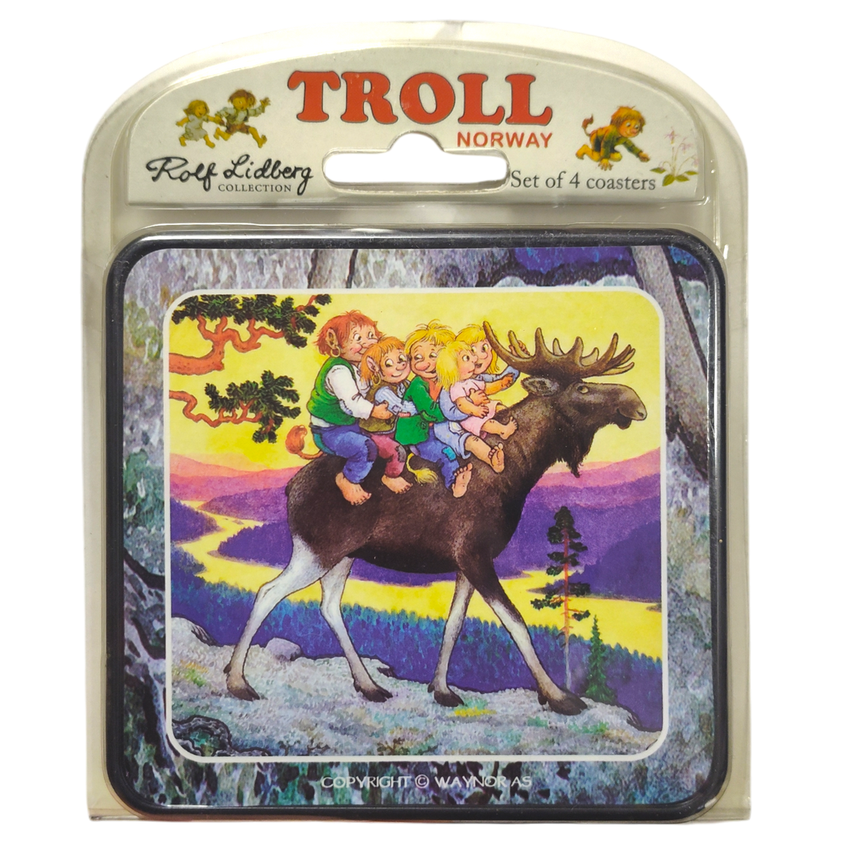 The Coasters: Troll Norway Rolf Lidberg Collection (4-Pack) features vibrant art of three children riding a moose through a forest—an ideal Scandinavian folklore gift for fans of whimsical designs.