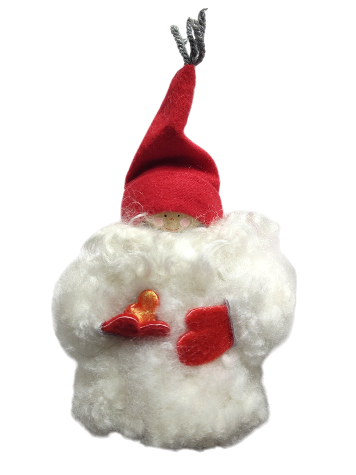 A sheepskin Tomte gnome figurine wearing a red hat and mittens, holding a heart—perfect as charming Swedish table decor.