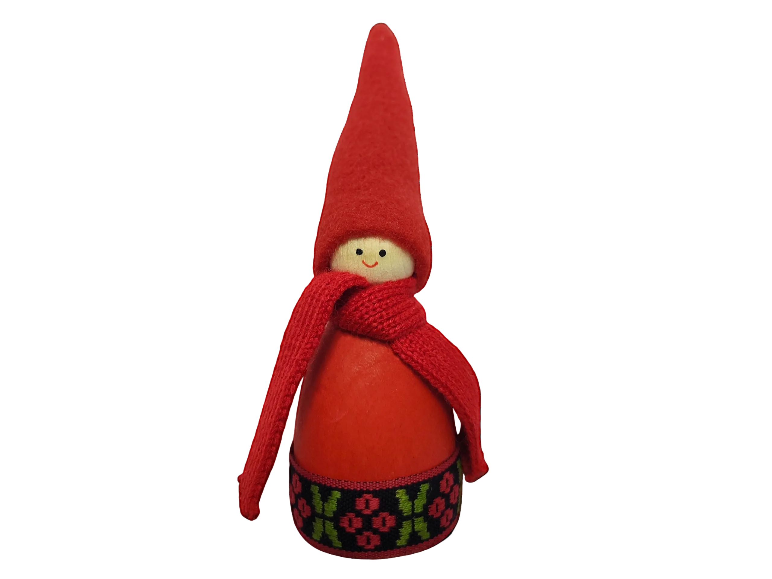 Figurine: Tomte Figurine with Red Hat – A Swedish handmade figurine featuring a red pointy hat, red scarf, black base with colorful floral patterns, and a simple painted smiling face.