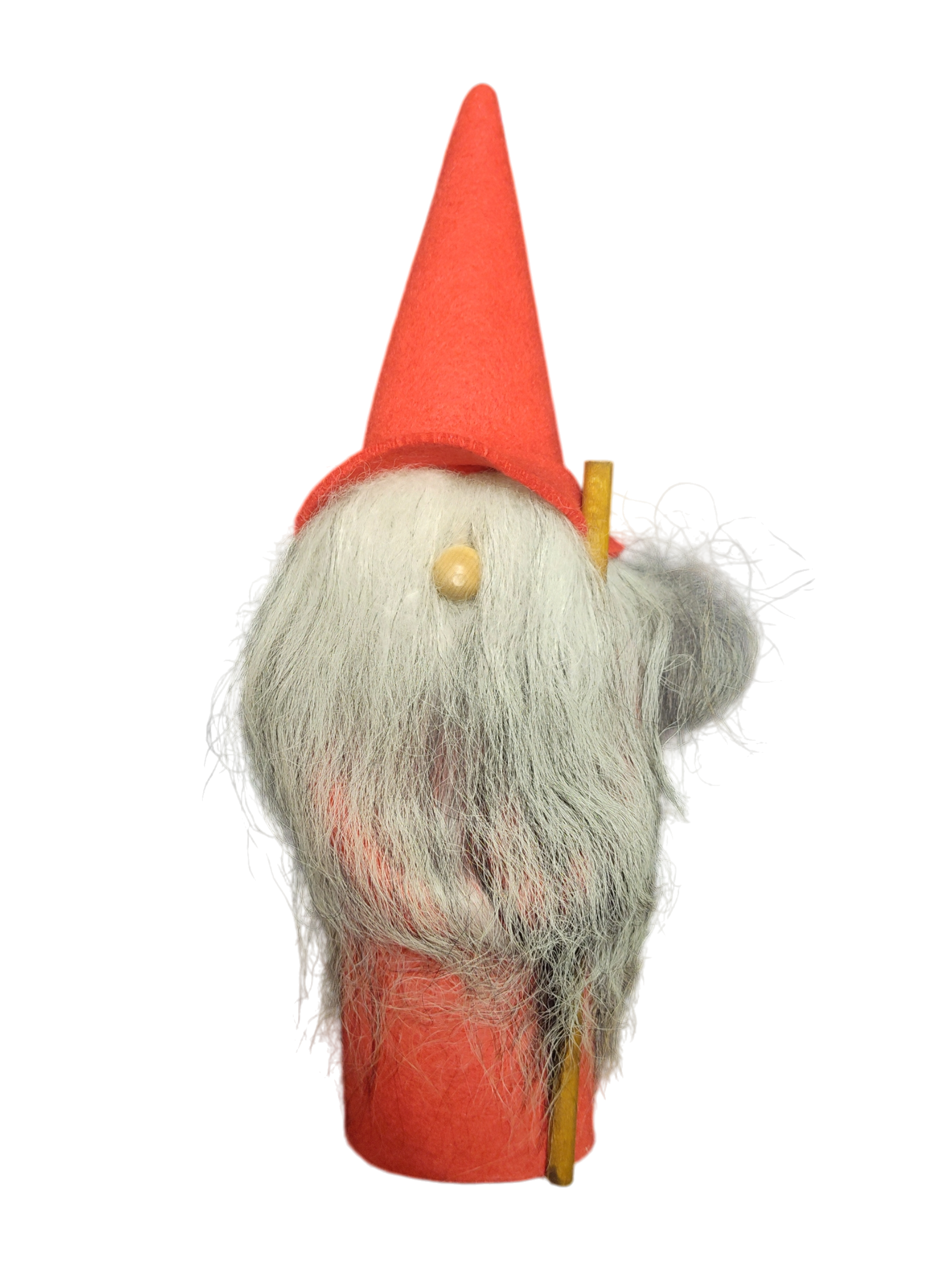 Figurine: Gnome with Tall Red Hat—a small gnome with a long white beard, red hat and body, holding a yellow stick; perfect for giving your holiday décor a whimsical touch.
