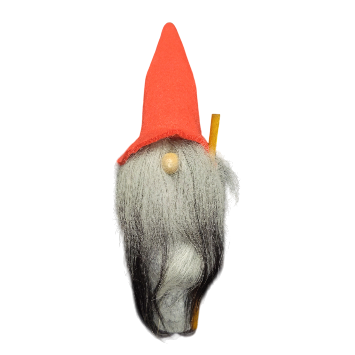 The Tomte figurine is a handmade Scandinavian Santa with a tall red hat, long grey beard, round nose, and holds a long wooden stick. Stands 10.5" tall.