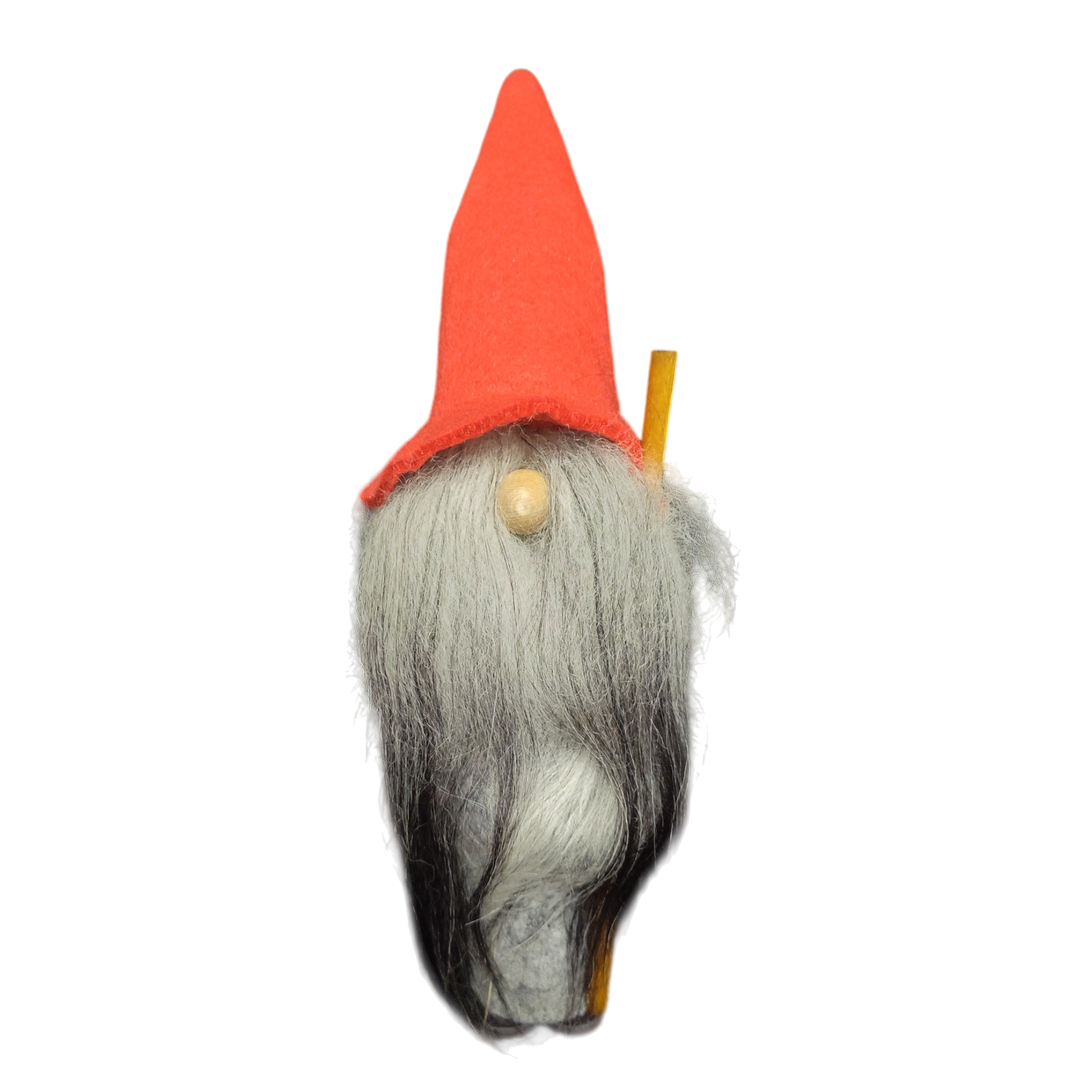 The "Figurine: Gnome with Tall Red Hat" features a handmade design, long gray beard, wooden nose, and small staff—perfect for whimsical holiday décor—displayed against a plain white background.