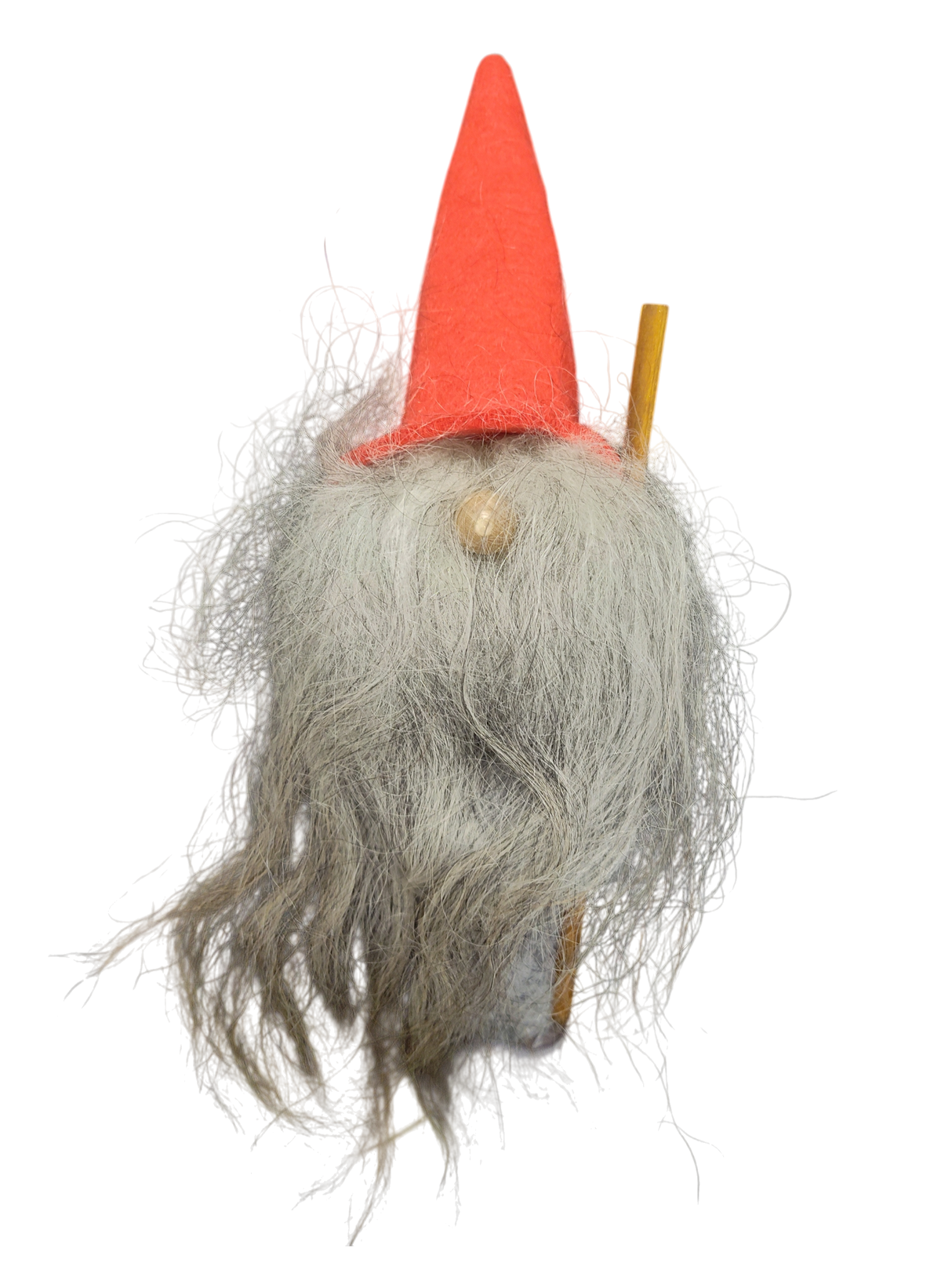 The Tomte - Santa with Tall Red Hat holding a Long Stick is a 10.5” tall handcrafted Swedish figurine, featuring a long gray beard, round wooden nose, and a slender stick in hand.
