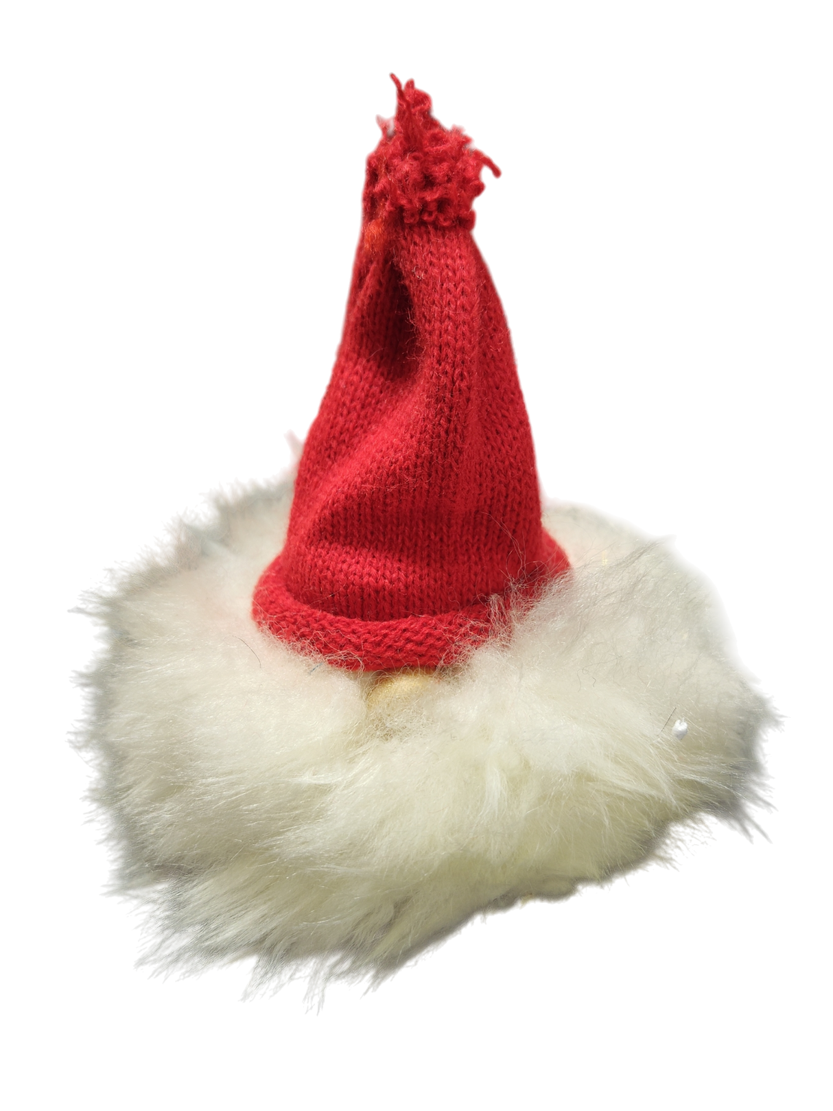 The "Figurine: Tomte - Santa with Red Hat" adds festive charm to your Christmas decor with its Sweden-inspired red knitted hat, fluffy white brim, and pom-pom—perfect as a handmade holiday accent, isolated on a white background.