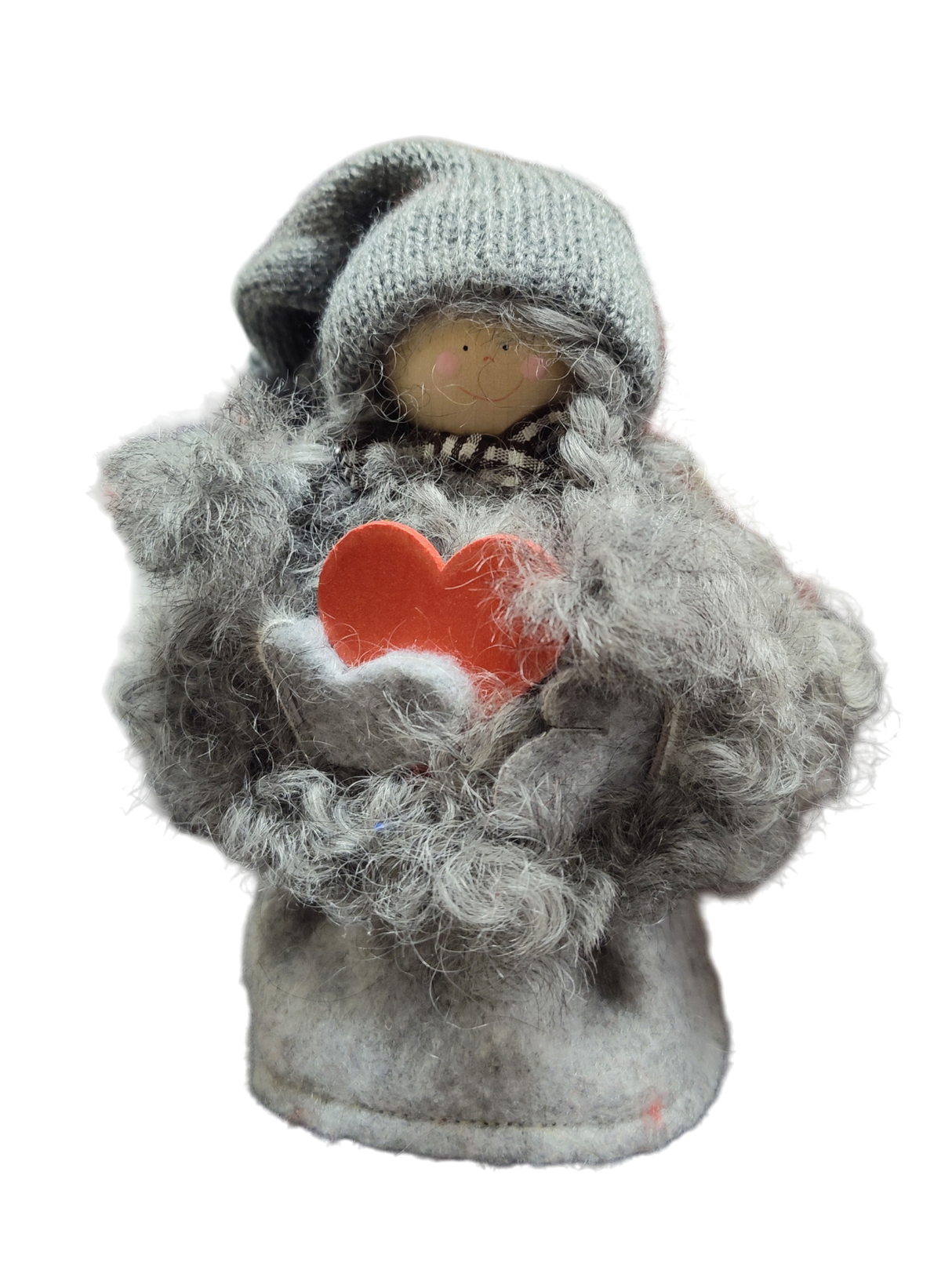 The Figurine: Santa Girl with Heart is a small, handmade Swedish decoration featuring a gray knitted hat, fuzzy gray clothes, and a red heart—perfect for adding Scandinavian charm to your décor.