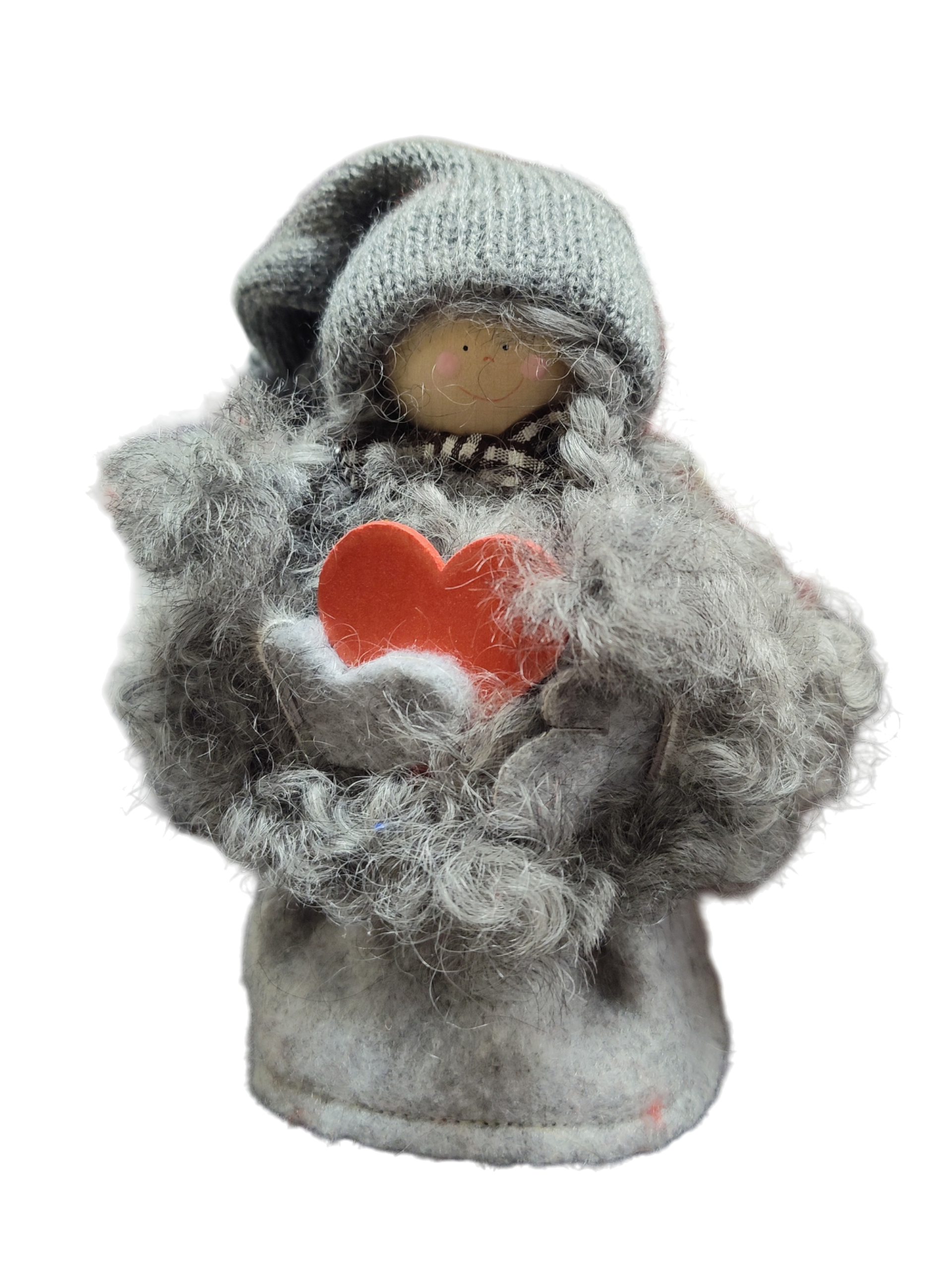 The Figurine: Santa Girl with Heart is a small, handmade Swedish decoration featuring a gray knitted hat, fuzzy gray clothes, and a red heart—perfect for adding Scandinavian charm to your décor.