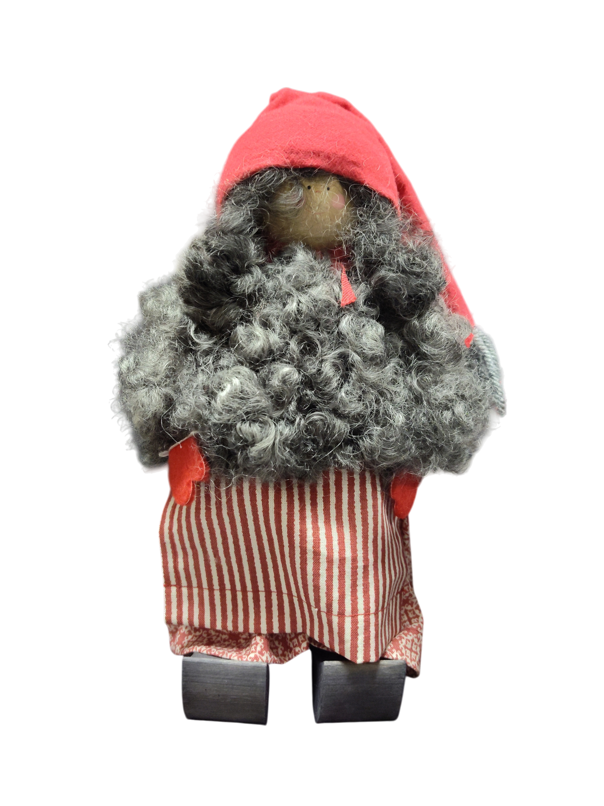 The Santa Figurine 11" is a handmade doll with a curly gray beard, red hat and mittens, striped red and white skirt, and wooden shoes—perfect for holiday decor and standing against a white background.
