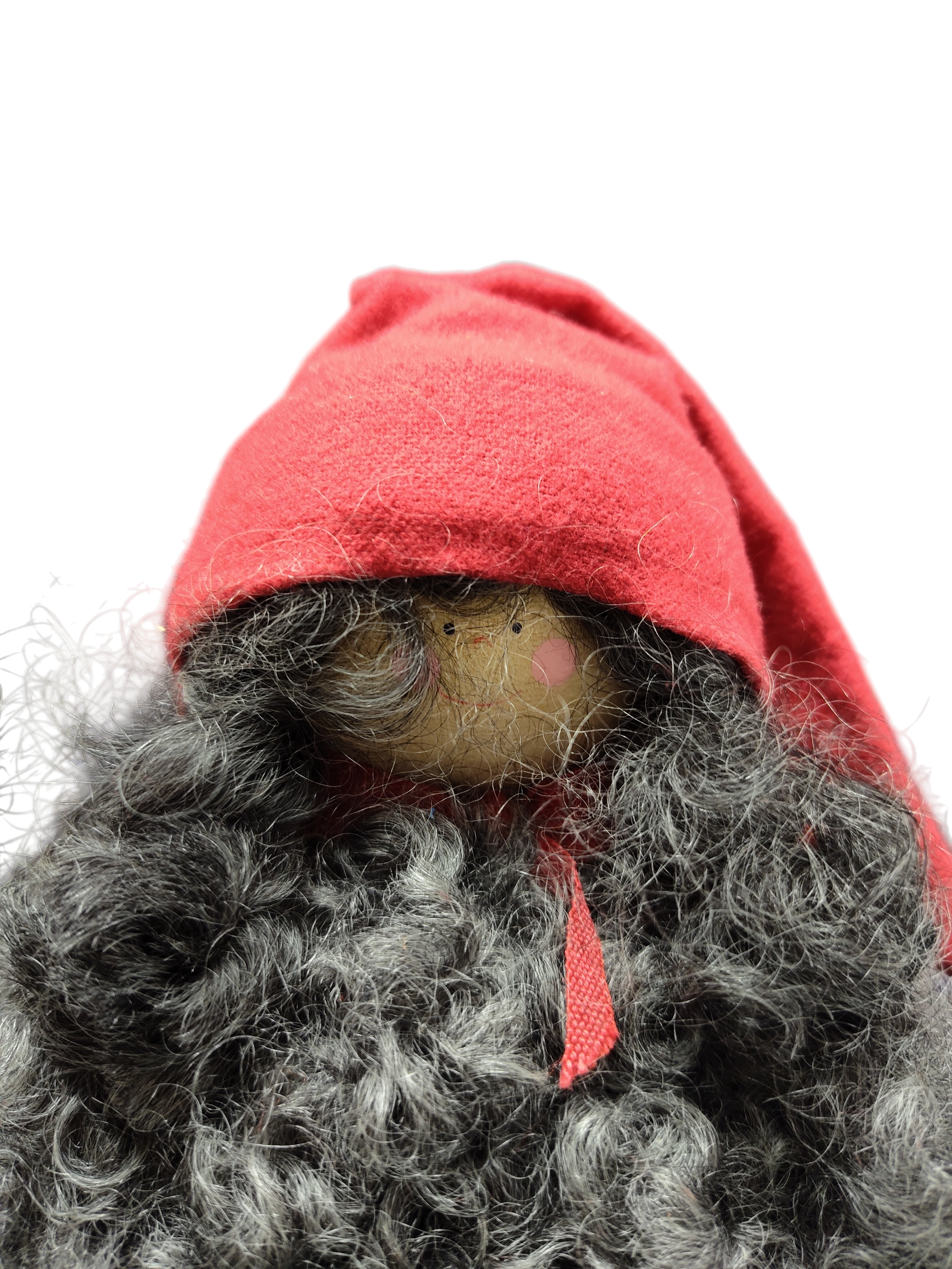 The Santa Figurine 11" features a handmade design with a curly gray beard, red hat, and scarf, set against a white background—an ideal holiday accent to bring festive charm to your space.