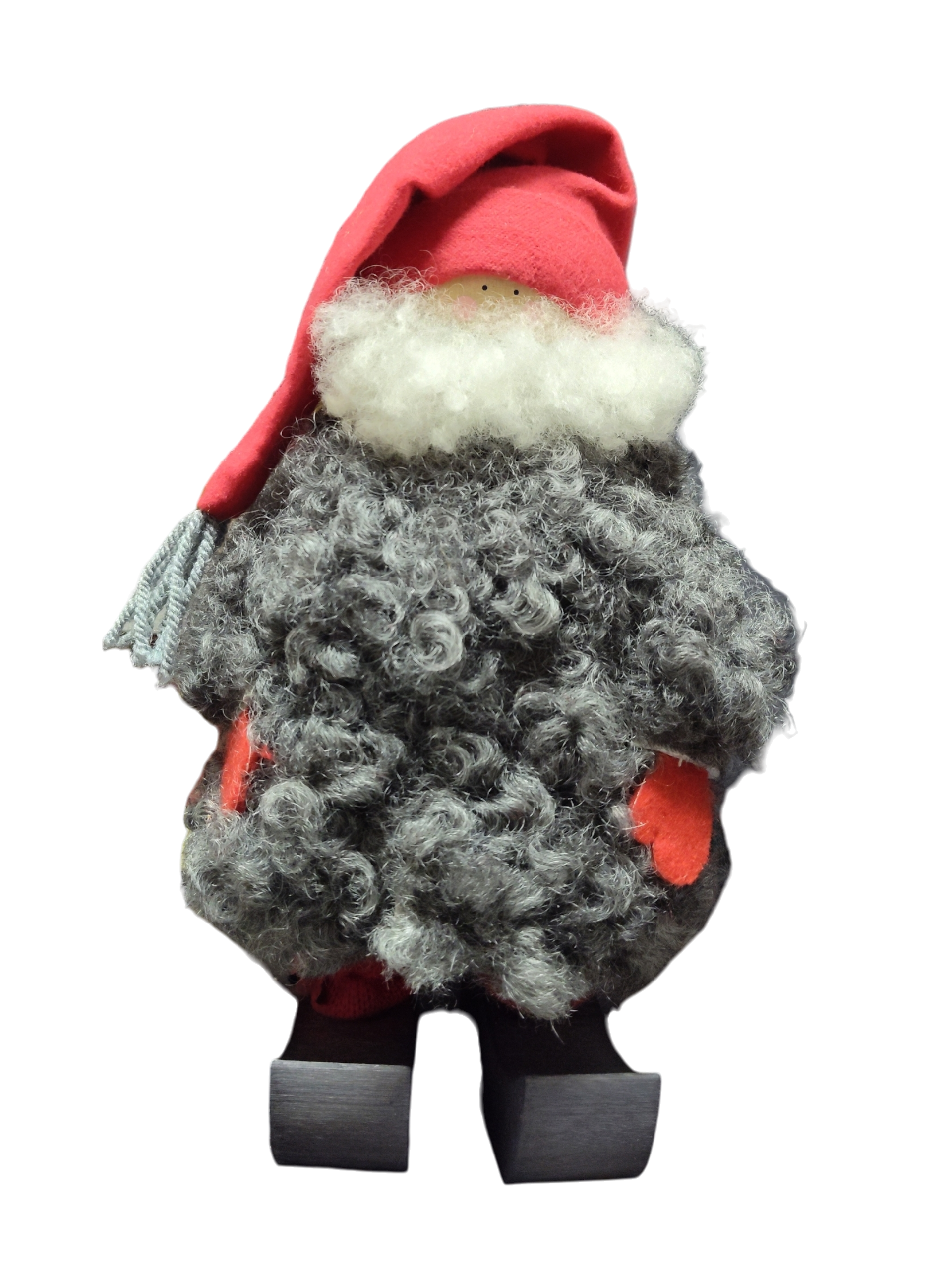 The Santa Figurine 11" features a handmade Swedish design with a red hat, curly gray beard, red mittens, and wooden shoes—ideal for holiday decor. It stands upright against a white background.