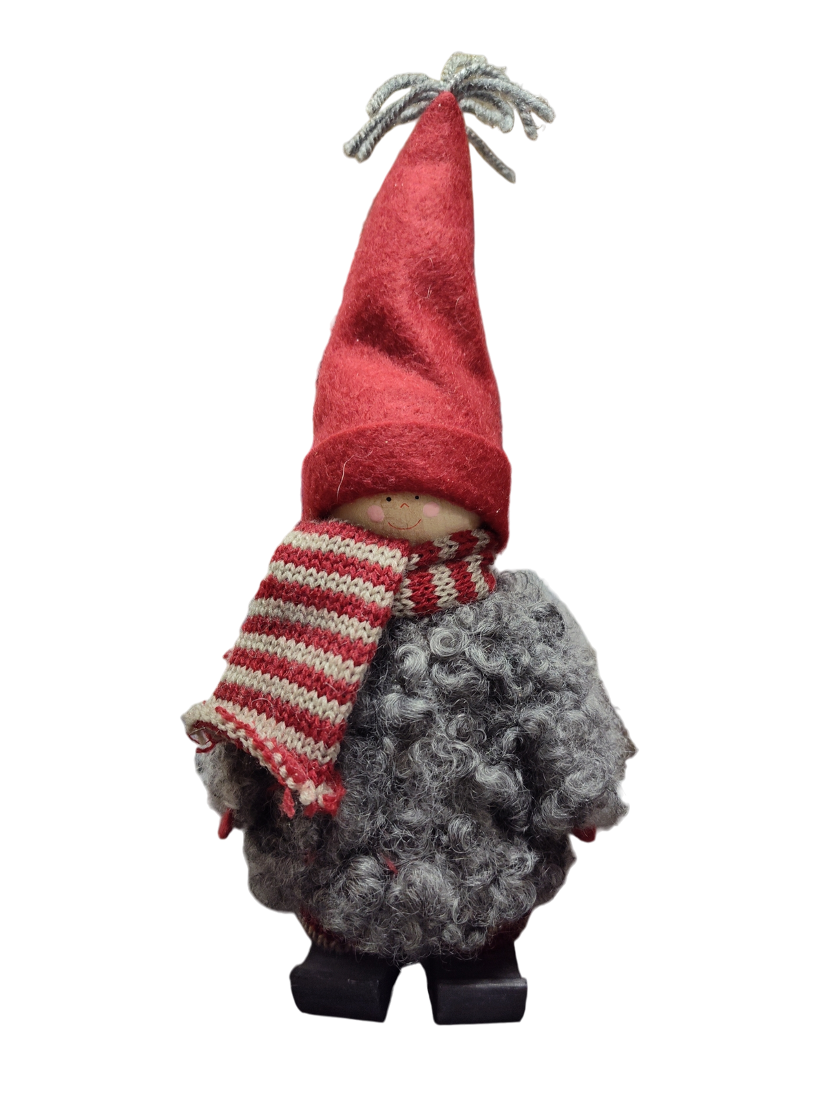 The Santa Boy and Girl Figurine 11" features plush details—a red pointed hat, striped scarf, gray curly body, and black boots—perfect Scandinavian-inspired holiday decor for any space.