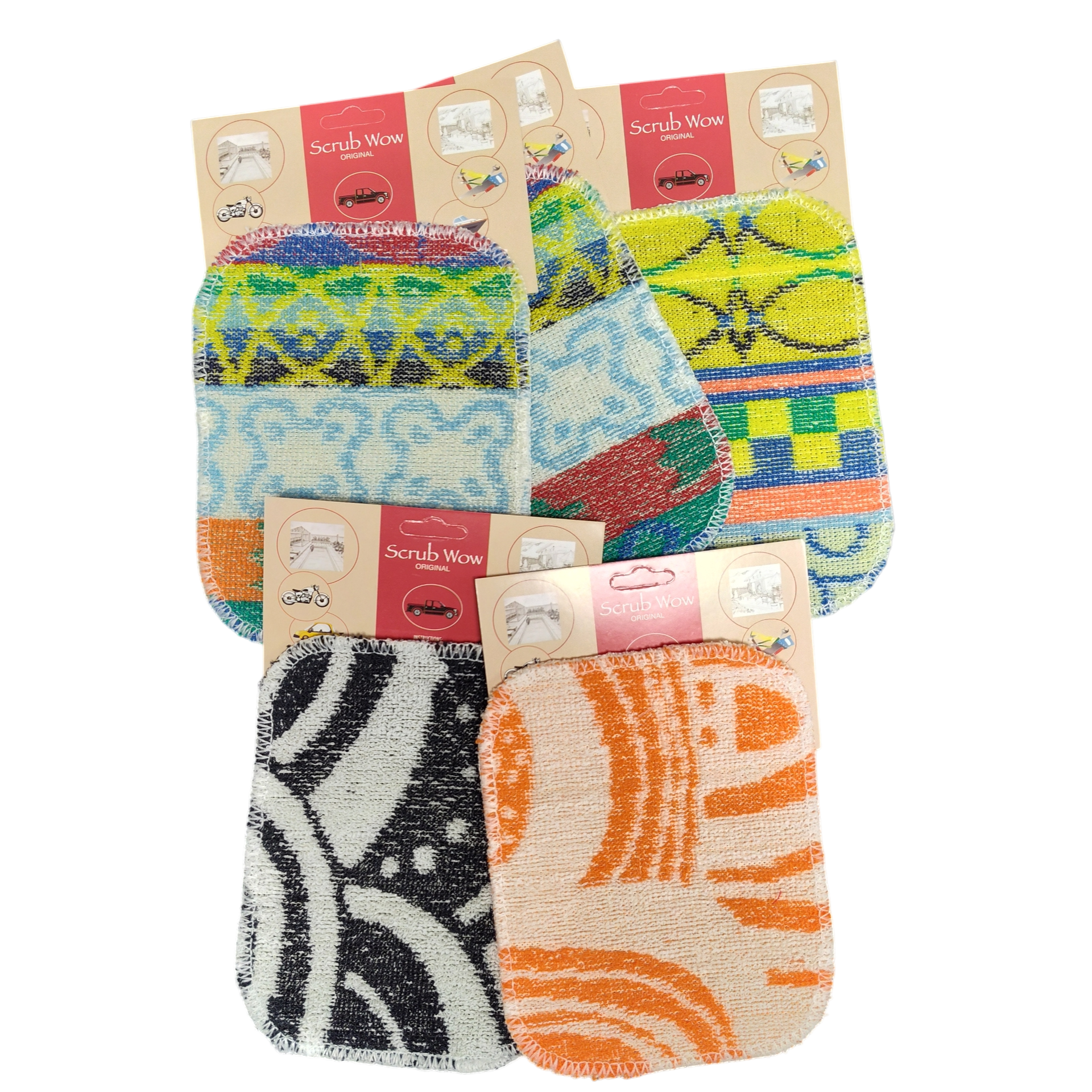 Six Scrub: Kitchen Scrubber Scrub-Wow pads in assorted patterns and colors, each with a brown and red label, shown on a white background. These multipurpose pads are safe for Teflon cookware and easy to clean.