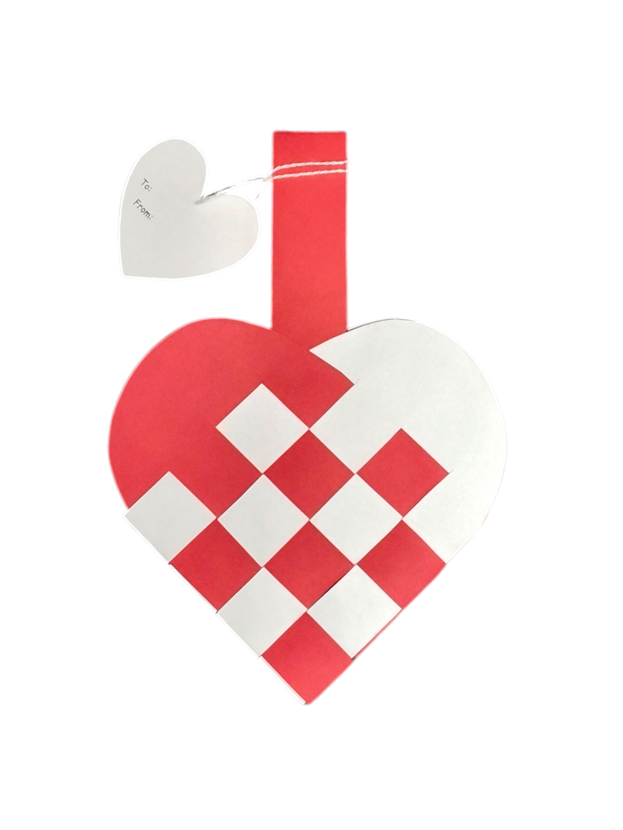 A Card: Danish Flag Traditional Scandinavian Handwoven Paper Basket Heart ornament, red and white with a handle and heart-shaped “To/From” gift tag, inspired by classic Scandinavian basket designs.