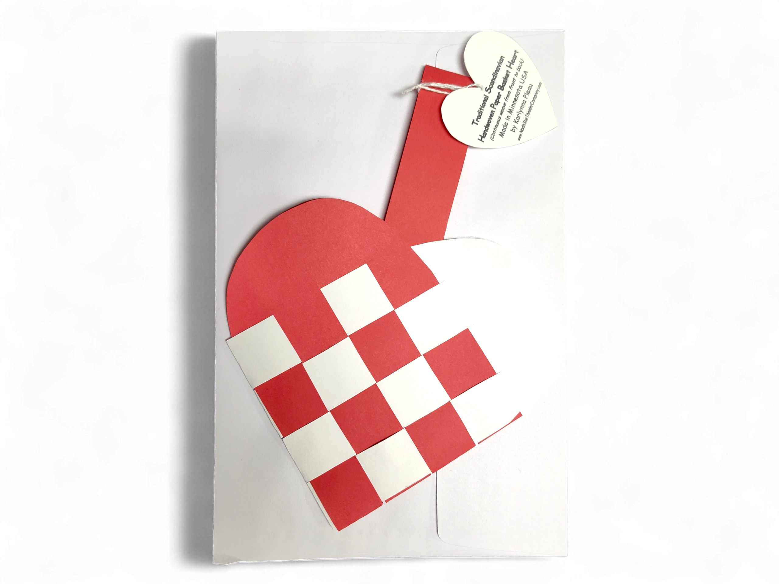 A "Card: Danish Flag Traditional Scandinavian Handwoven Paper Basket Heart" includes a red and white checkered paper heart basket on a white card, adorned with a small heart-shaped tag tied to the handle.