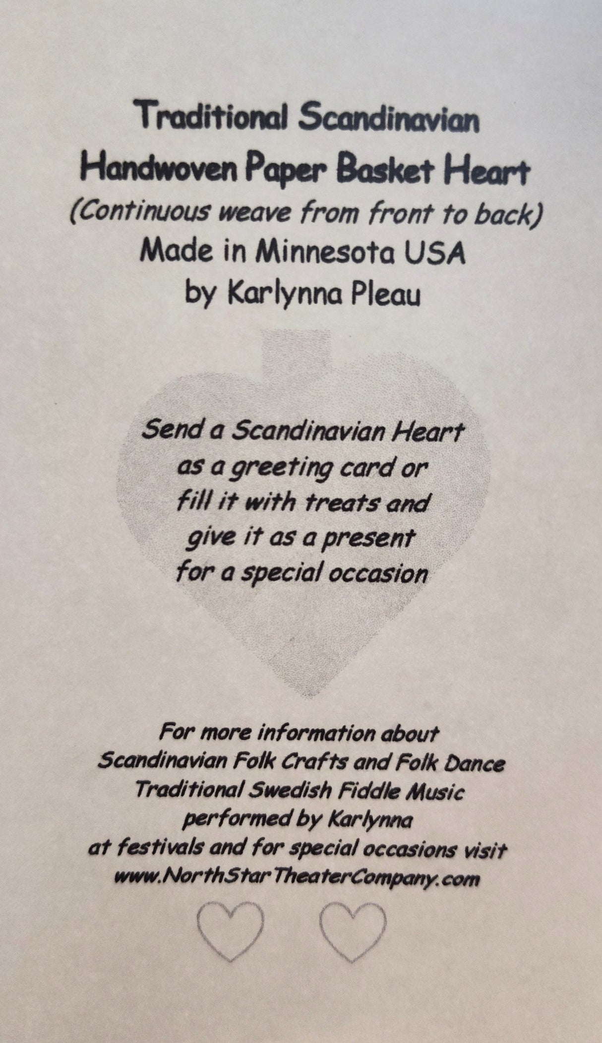 Discover the Card: Swedish Flag Traditional Scandinavian Handwoven Paper Basket Heart, crafted in Minnesota by Karlynna Pleau. Perfect as decor or a gift. Learn more about this charming handwoven basket heart on our website.