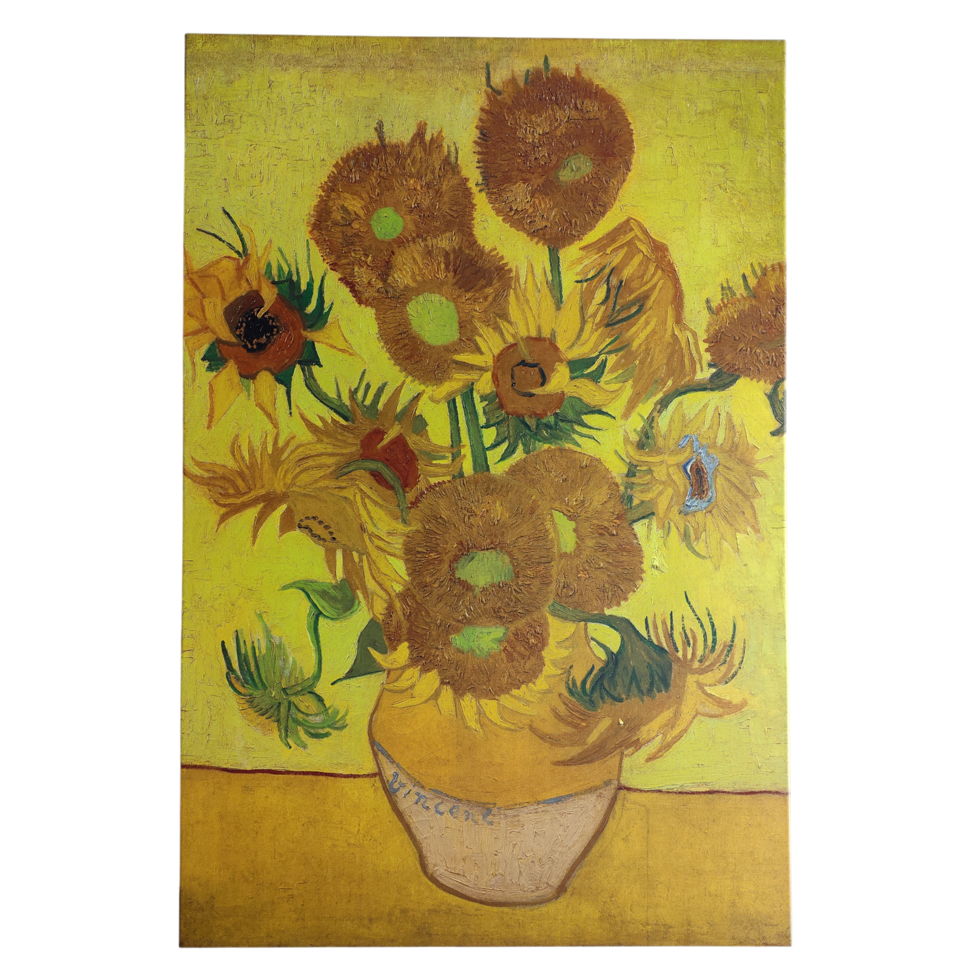 A canvas print titled "Artwork: Sunflowers Vincent Van Gogh 1853 - 1890" features a vase of sunflowers in different stages of bloom, reminiscent of Van Gogh’s iconic style.