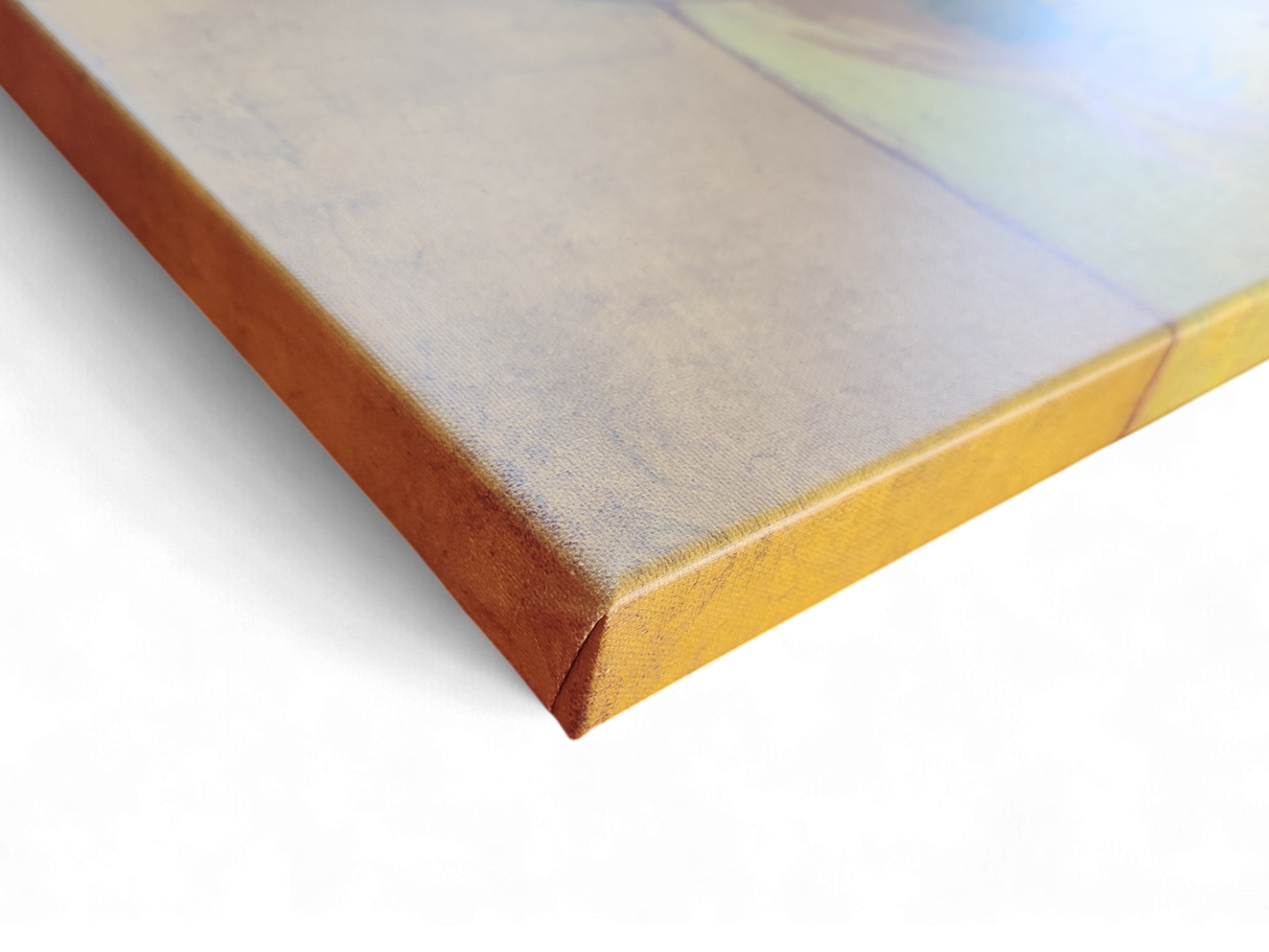 Close-up of the neatly wrapped edge and canvas texture of our "Bedroom in Arles Vincent Van Gogh 1853-1890 Print on Canvas"—an ideal post-impressionist wall art piece for any room.