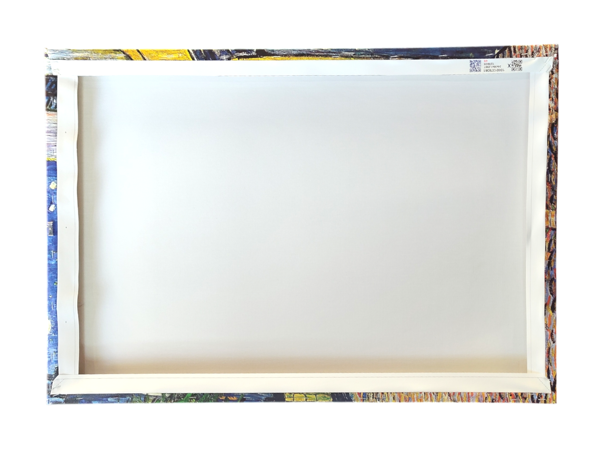 The image displays the back of a rectangular stretched canvas with visible wooden stretcher bars and printed edges, ideal for showcasing the Artwork: Café Terrace at Night Vincent Van Gogh 1853 - 1890 Print on Canvas.