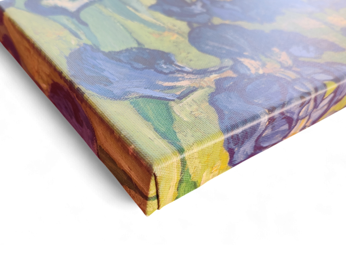 Close-up of the Artwork: Irises Vincent Van Gogh 1853 - 1890 Print on Canvas, displaying vibrant impressionist colors, textured brushstrokes, and a striking corner detail inspired by Van Gogh’s iconic style.