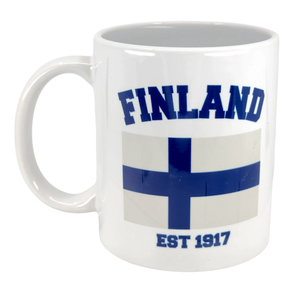 Enjoy your favorite drink in the Mug: Established Series Finland Flag Mug with Year Founded (11 oz) by Swedish Gift Store, featuring the Finland flag, "FINLAND" in bold blue above, and "EST 1917" below—perfect for honoring Finnish heritage.