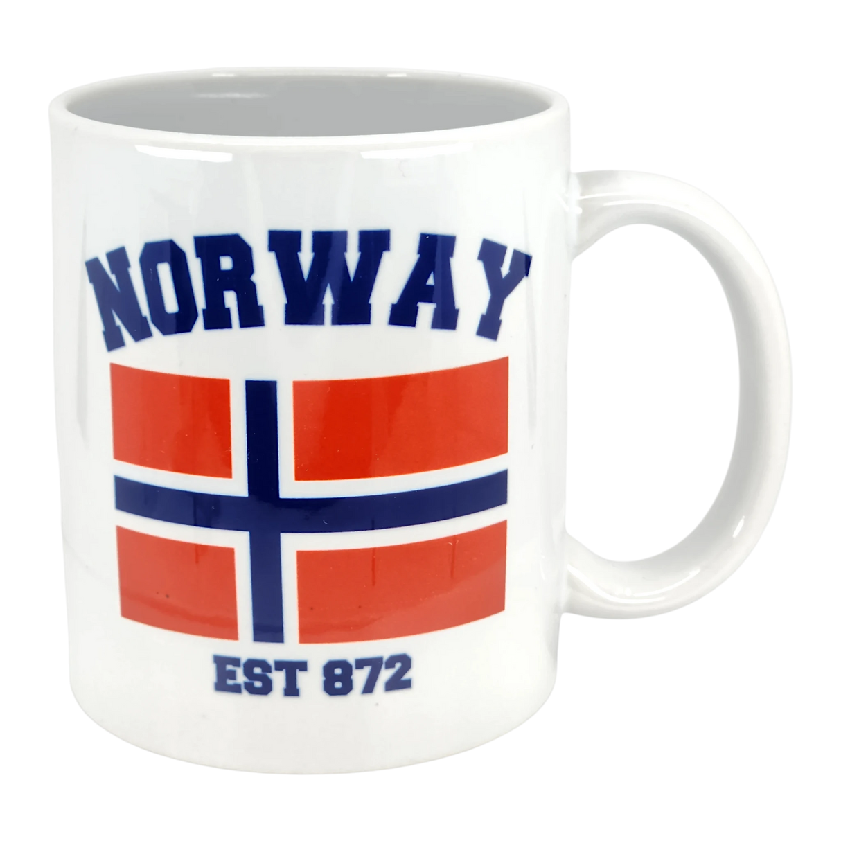 The Swedish Gift Store's 11 oz Established Series Norway Flag Mug features "NORWAY" in bold blue letters above a red, white, and blue flag with "EST 872" printed below.