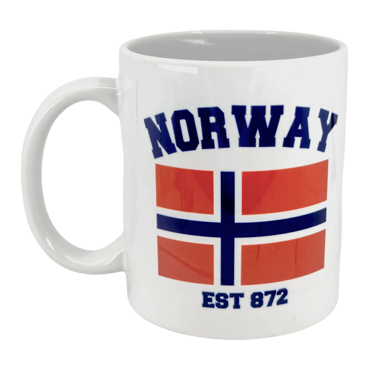 The Swedish Gift Store’s 11 oz Established Series Norway Flag Mug features "NORWAY" above the flag and "EST 872" below.