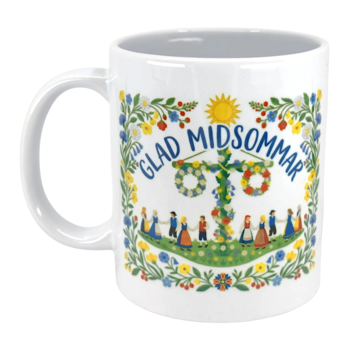 The Swedish Gift Store’s "Glad Midsommar" Midsummer Mug (11 oz) features Scandinavian floral designs, a sun, and dancers around a maypole with “GLAD MIDSOMMAR” above—a festive mug for celebrating Swedish midsummer.
