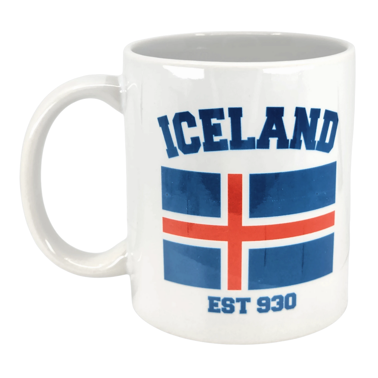 The Swedish Gift Store’s 11 oz Established Series Iceland Flag Mug features "ICELAND" in blue above the flag and "EST 930" below—perfect for fans of Scandinavian style.