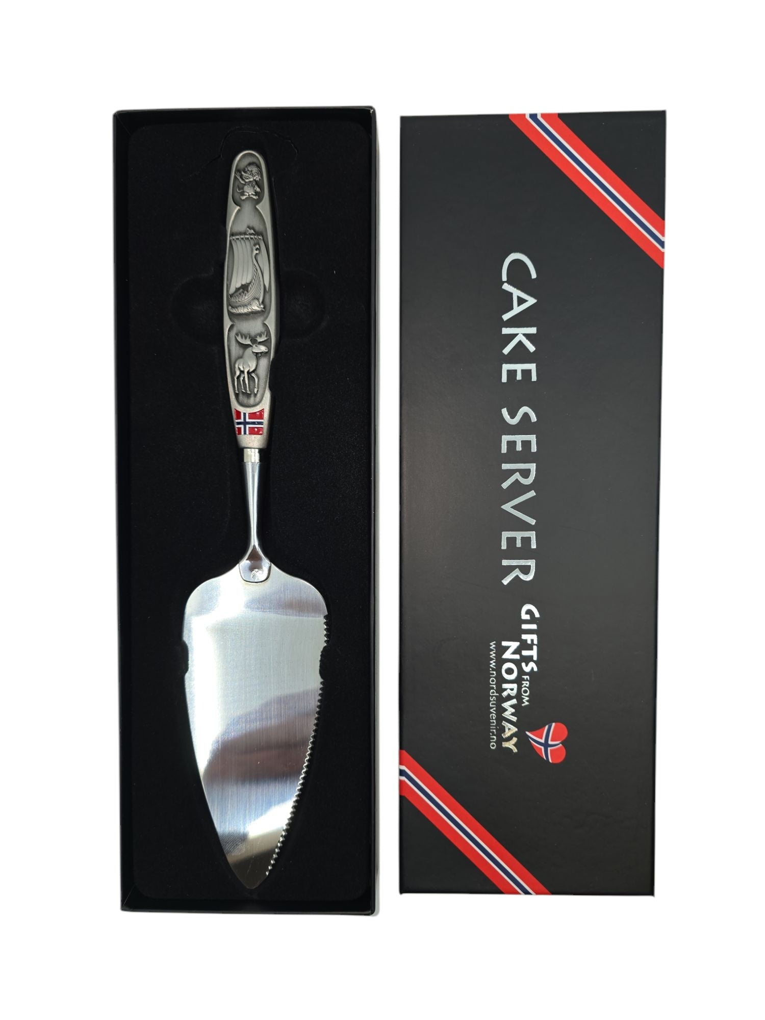 A Norwegian cake server with a pewter handle featuring the flag, moose, Viking ship, and troll is elegantly presented in a box labeled Cake Server, Gifts from Norway.