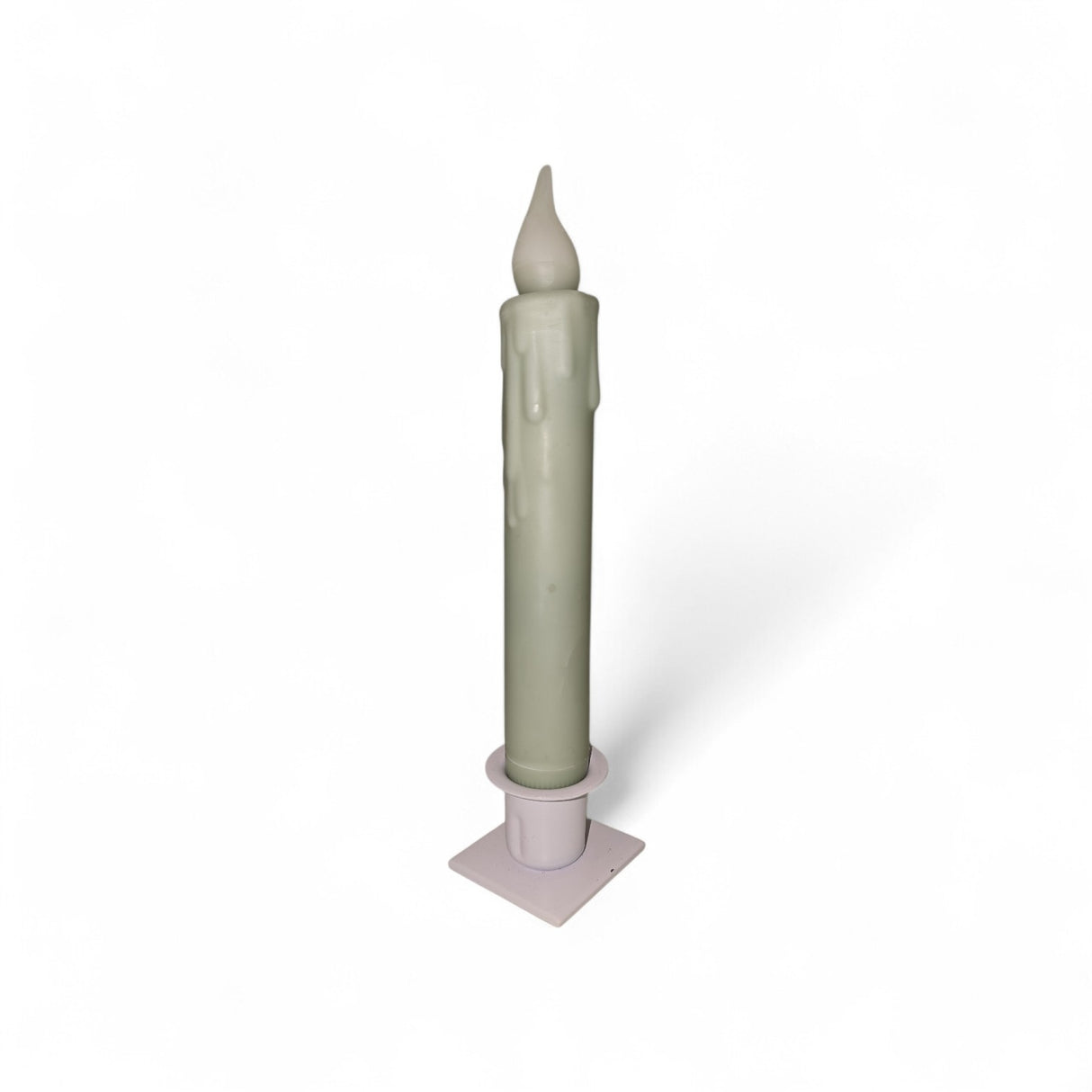 A white, 7" hand-dipped beeswax tapered LED candle with a timer sits in a simple square holder against a plain white background.