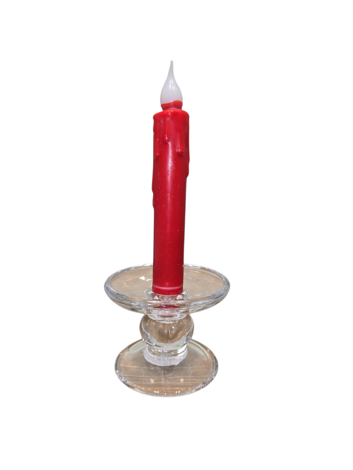 A red candle in a Glass Dual-Size Reversible Candle Holder, suitable for taper, ball, and pillar candles.