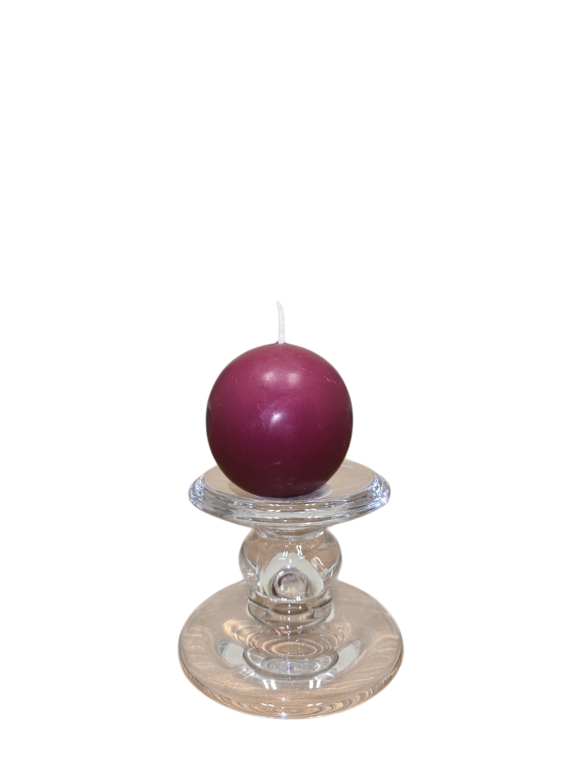 A round, dark red candle is displayed on the Glass Dual-Size Reversible Candle Holder for taper, ball, and pillar candles against a white background.